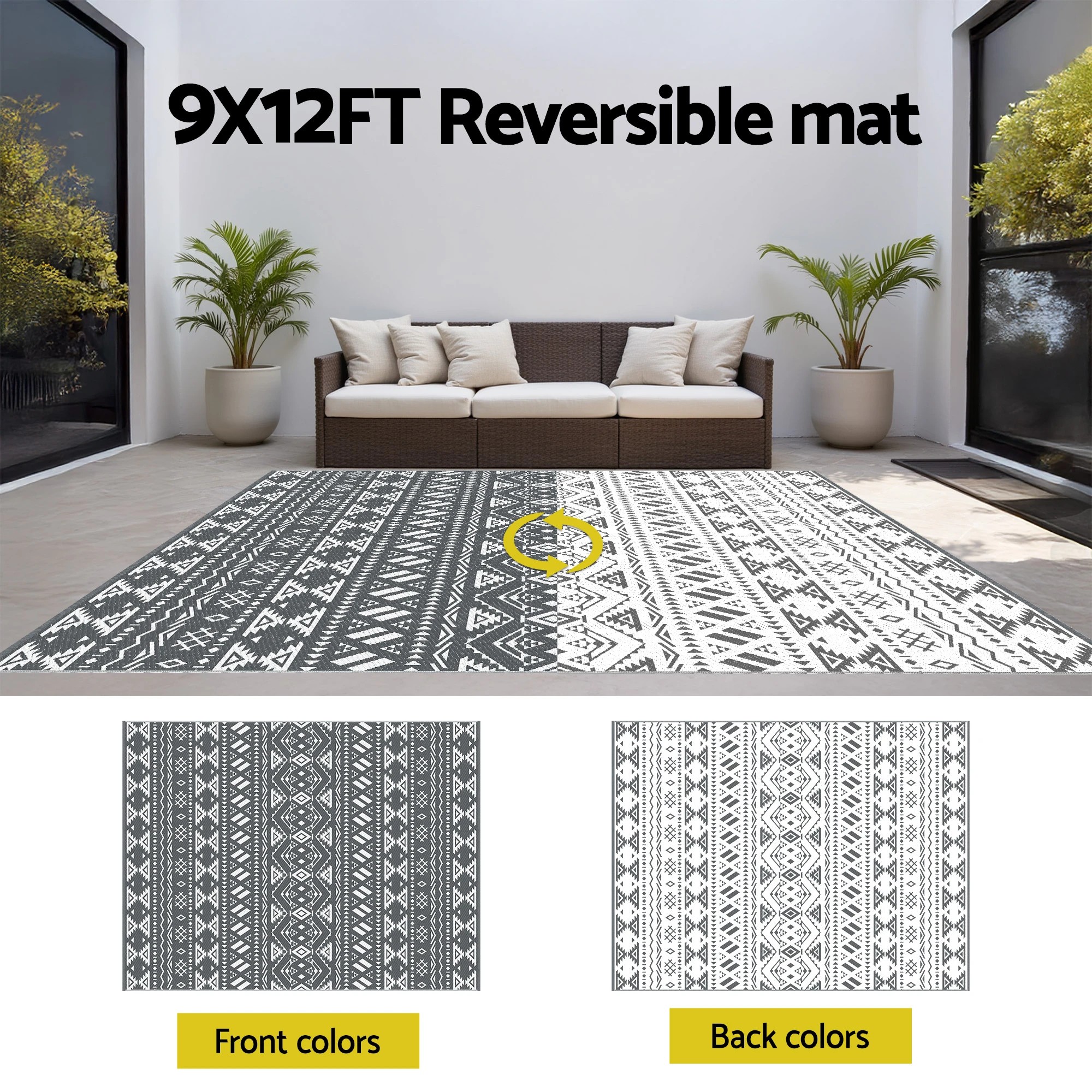 4 Gardeon Outdoor Rugs 274x366cm Large Carpet Reversible Area Mat PP Dual-Sided Patio Rug Bohemian - Grey, 4 of 7