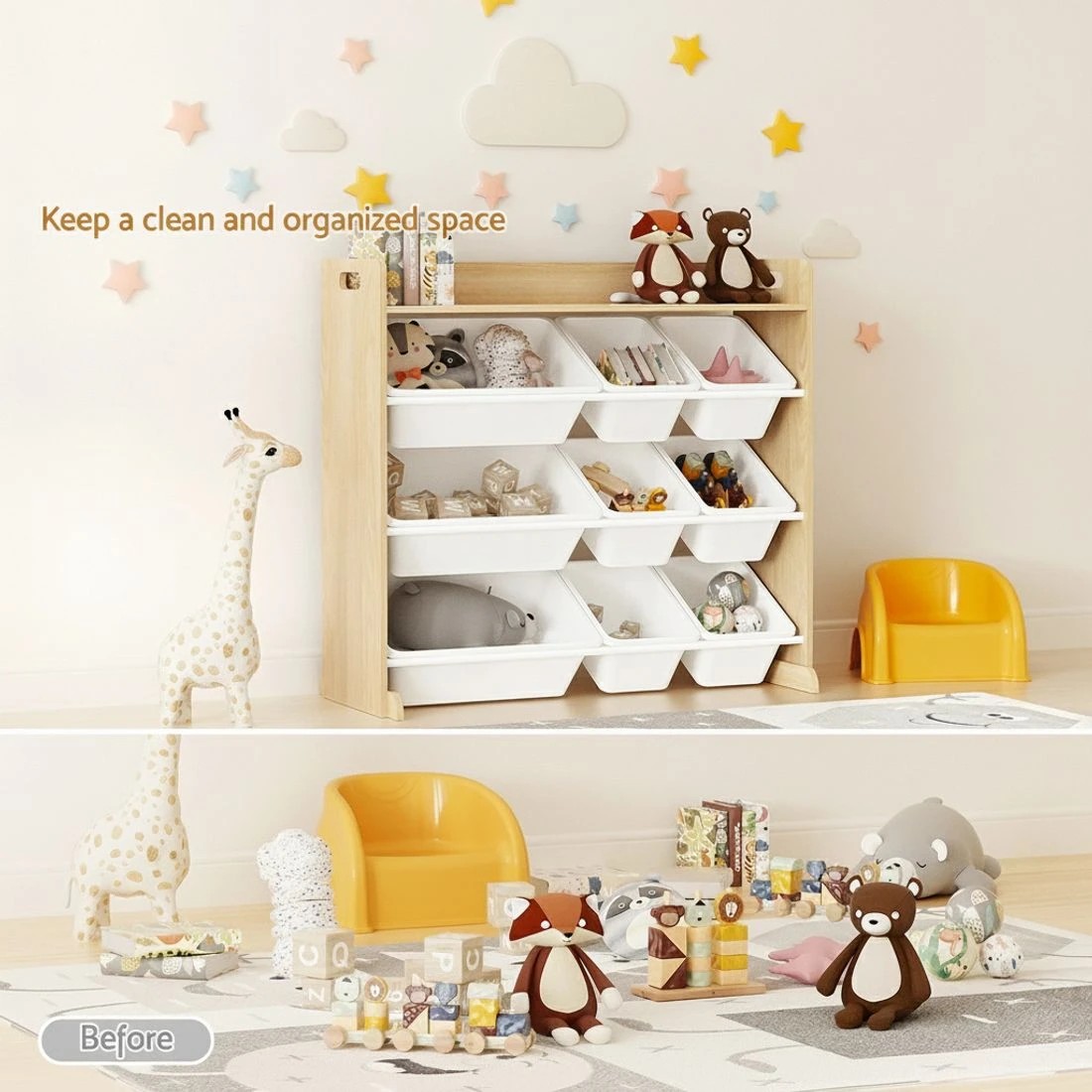 4 Keezi Kids Toy Box 9 Bins Bookshelf Organiser Display Shelf Storage Rack en - Natural, 4 of 6