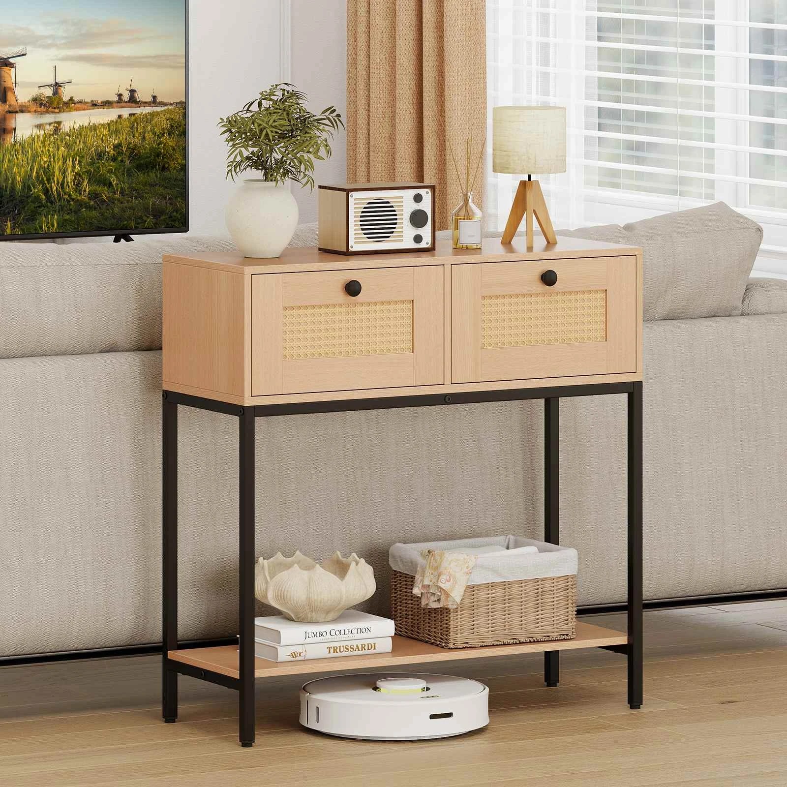 2 Costway 80cm 2-Tier Boho Console Table Wooden Hallway Sofa Table w/2-Drawer, 2 of 5