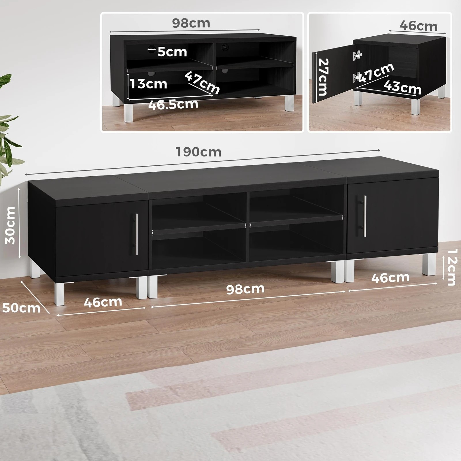 5 Alfordson Entertainment Unit TV Cabinet Stand Storage Drawer 190cm - Black, 5 of 10
