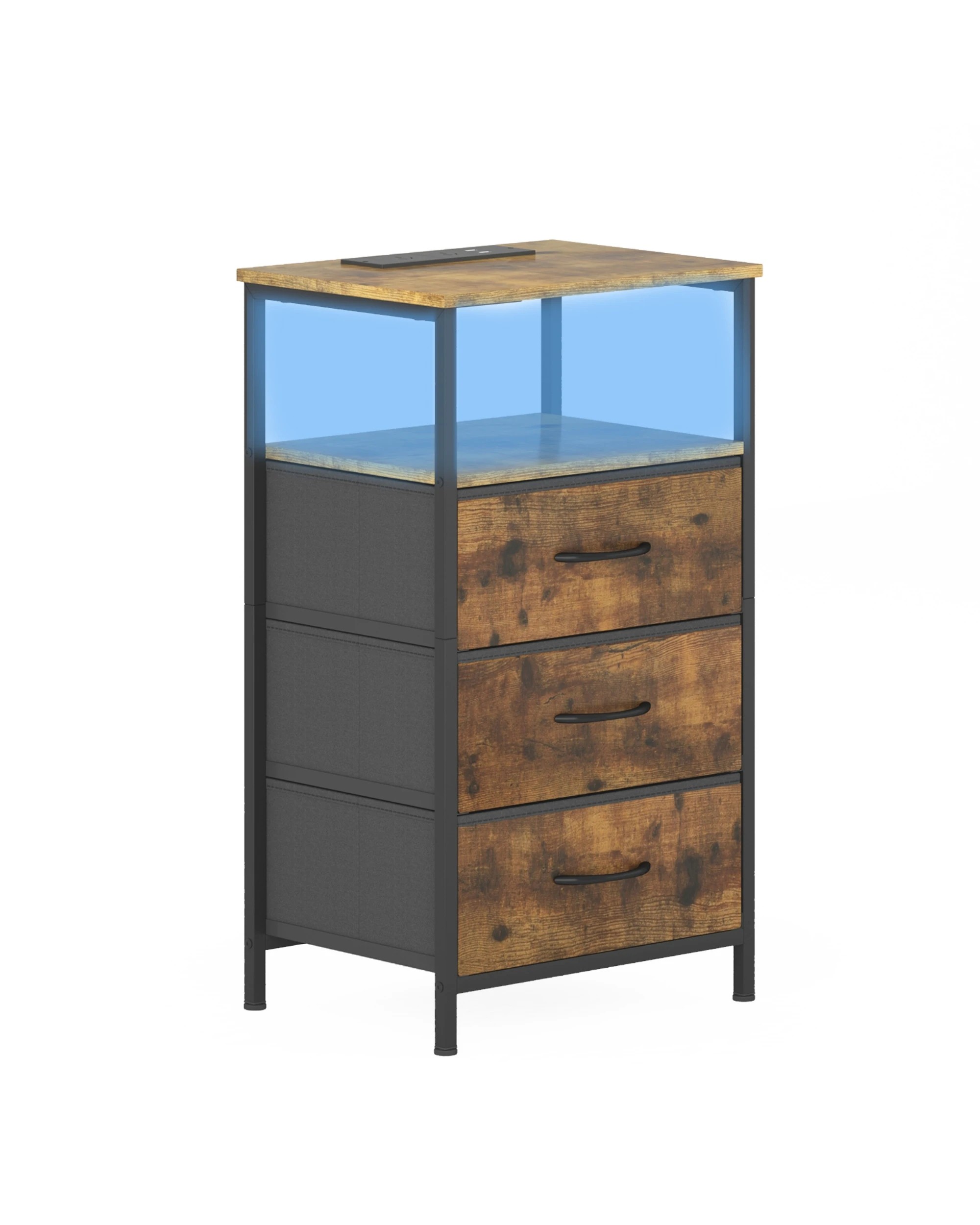 1 Advwin LED Bedside Table With Charging Station 3 Fabric Drawers Nightstand - Brown, 1 of 8