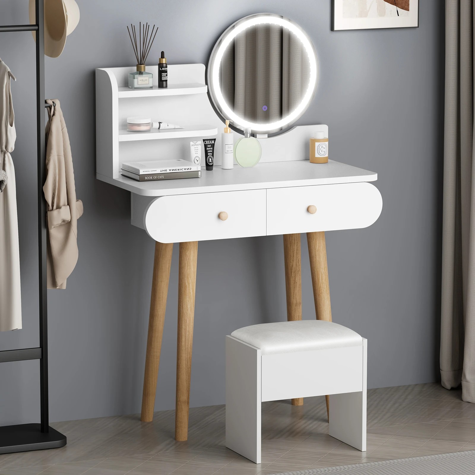 2 Alfordson Dressing Table Stool Set Makeup Mirror Vanity LED Light - White, 2 of 10