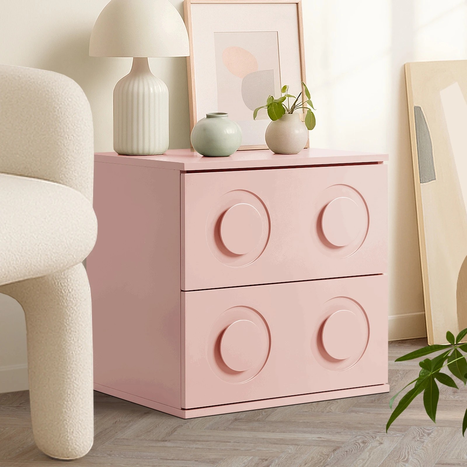 4 Oikiture 2x Bedside Table 2 Drawers Nightstand Side Storage Cabinet - Pink, 4 of 9
