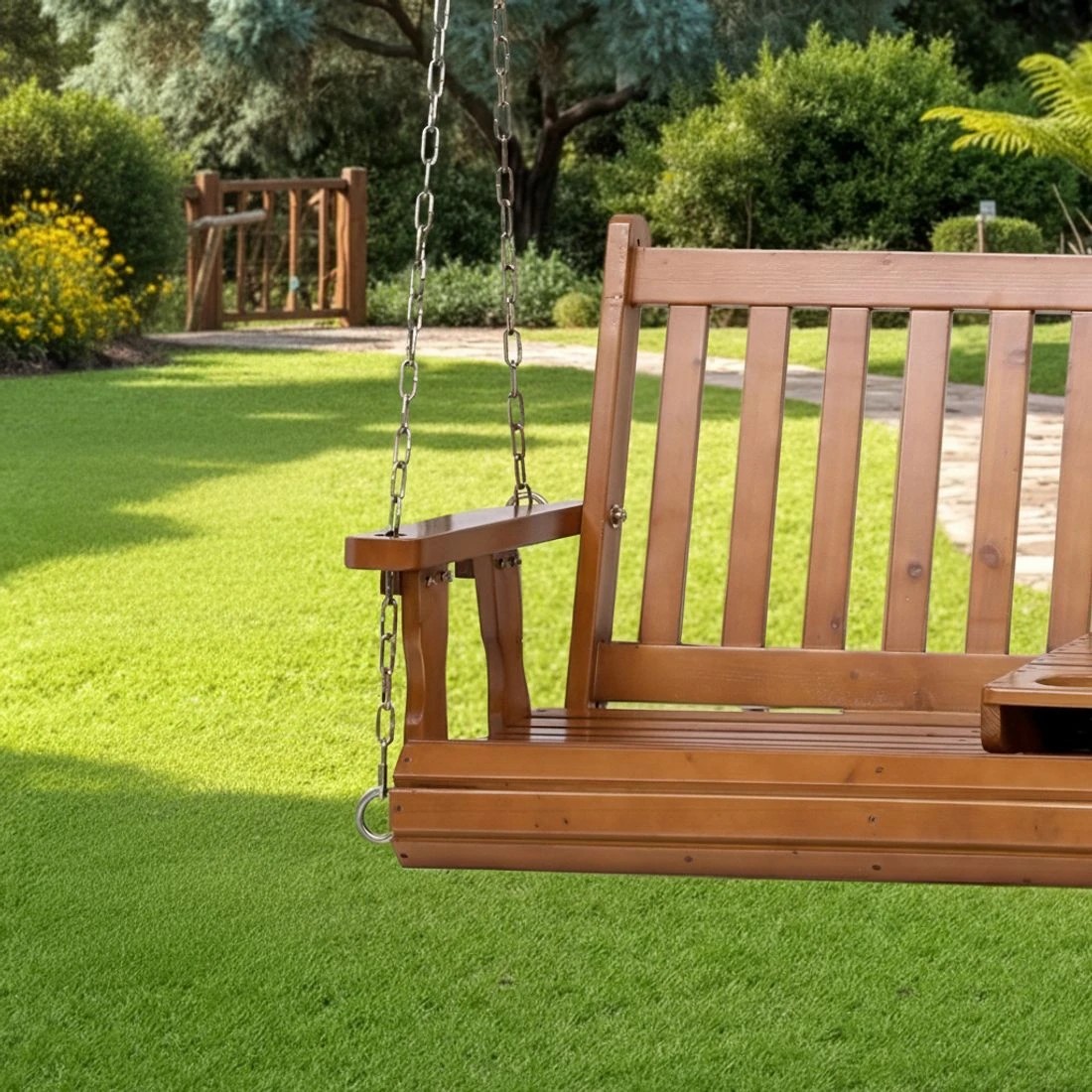 6 Gardeon Porch Outdoor Swing Chair Patio Furniture Wooden Bench 2 Seat Cup Holder - Brown, 6 of 6