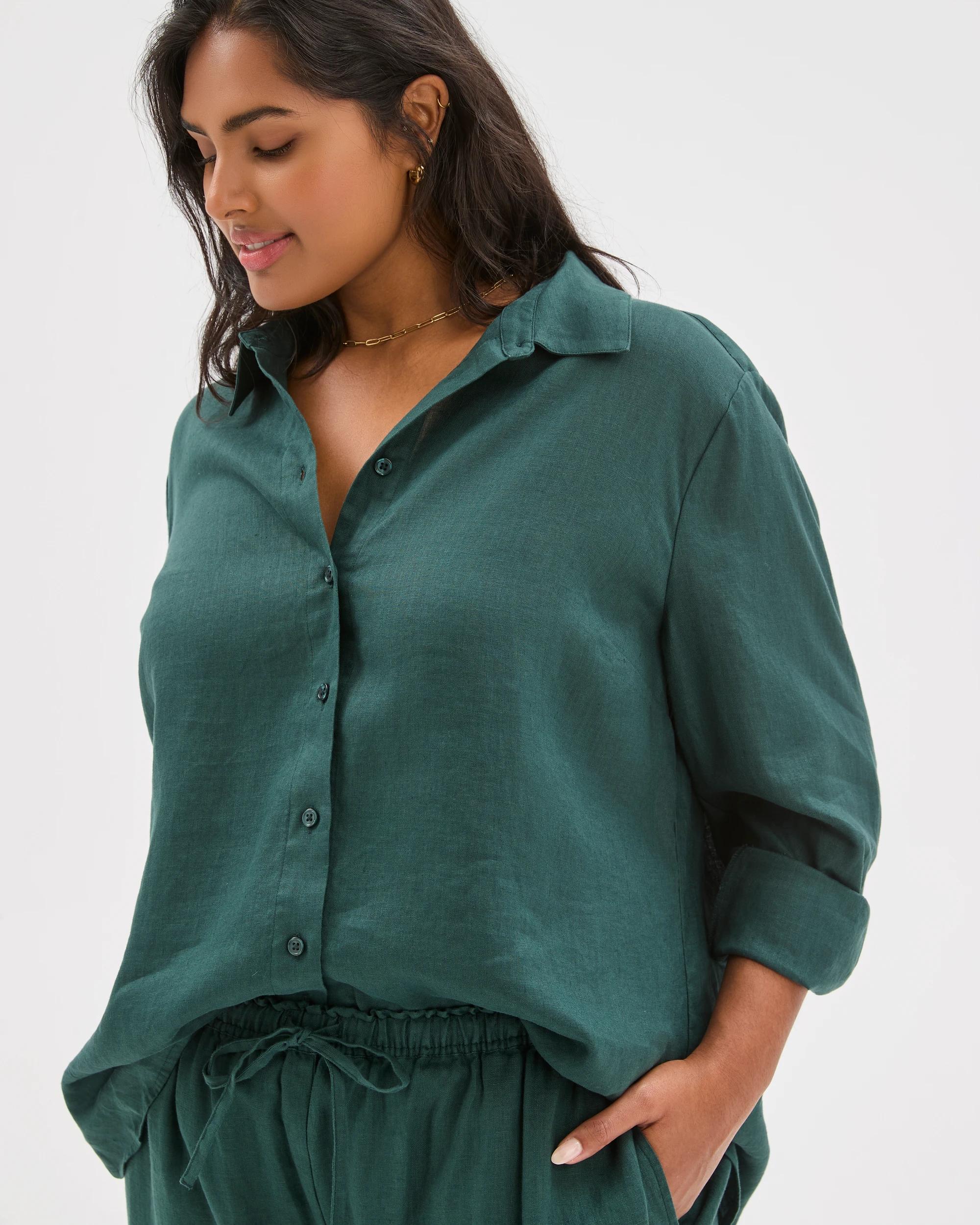 3 Target Curve Plus Size European Linen Shirt DEEP GREEN, 3 of 6