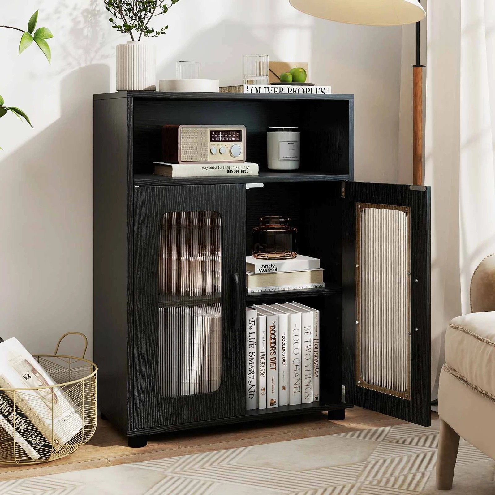 3 Costway 83cm Bathroom Storage Cabinet w/2 See-through Doors Freestanding Organizer Unit - Black, 3 of 5
