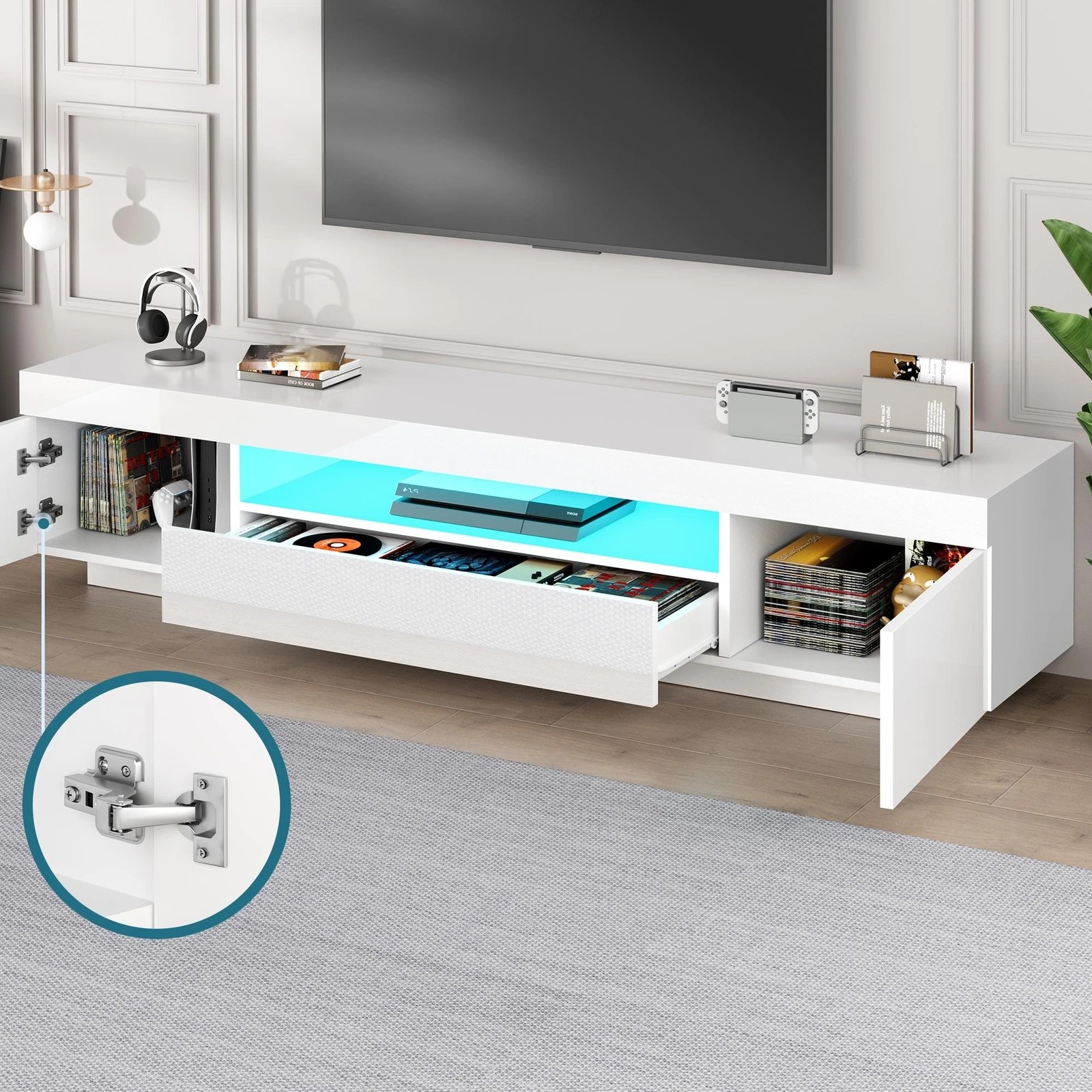 7 Alfordson Entertainment Unit 180cm TV Cabinet Stand LED Light Gloss - White, 7 of 10