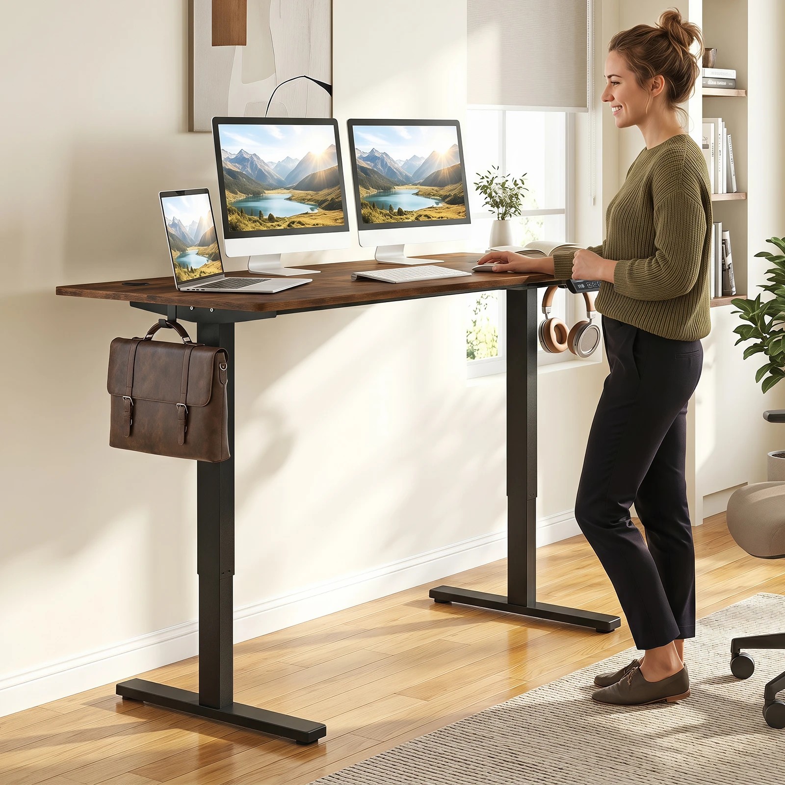 5 Costway 140 x 60cm Electric Standing Desk Adjustable Sit Stand Computer Desk - Brown, 5 of 6
