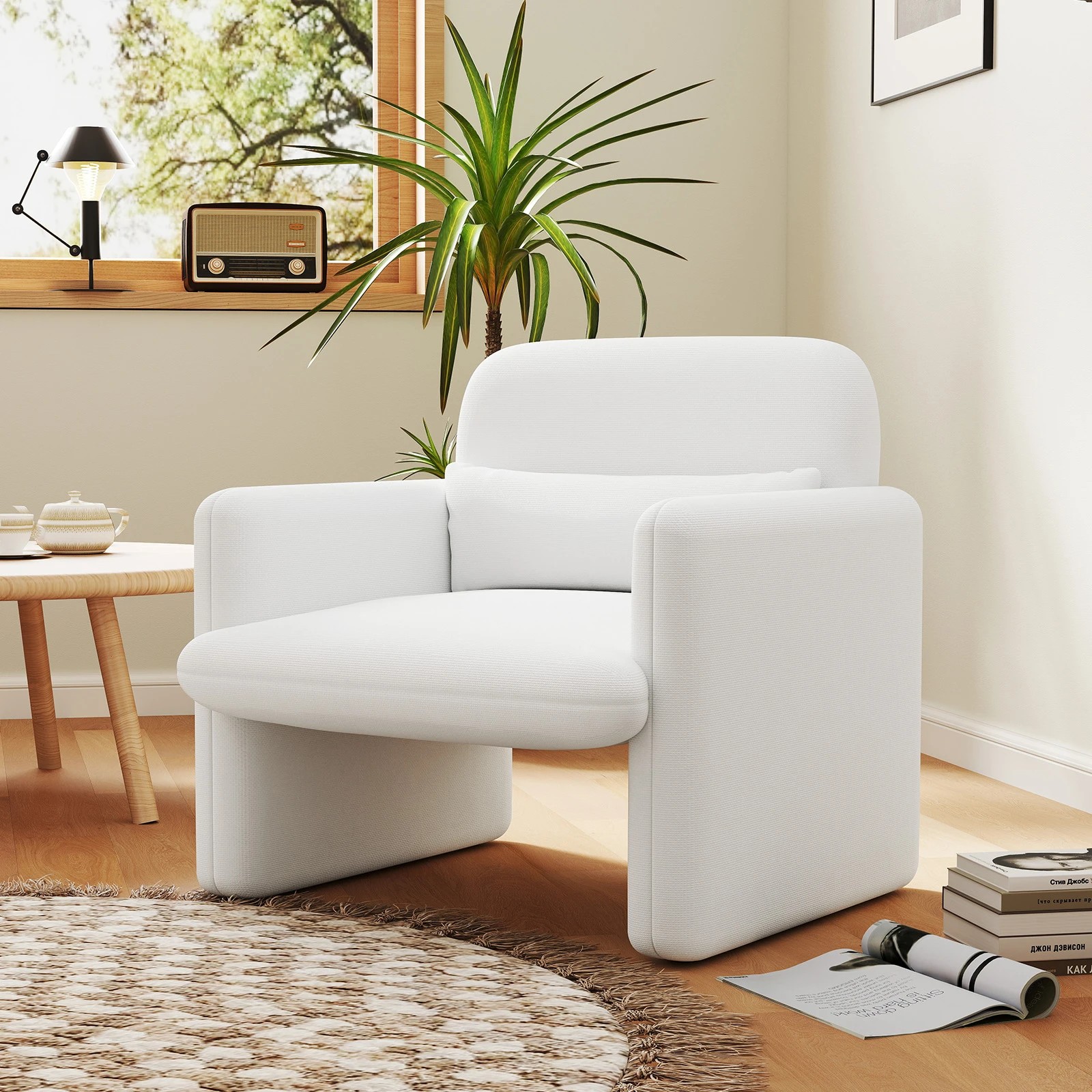 2 Costway Single Sofa Chair Upholstered Lounge Armchair w/Pillow & Thick Seat Cushion Accent Chair - White, 2 of 5