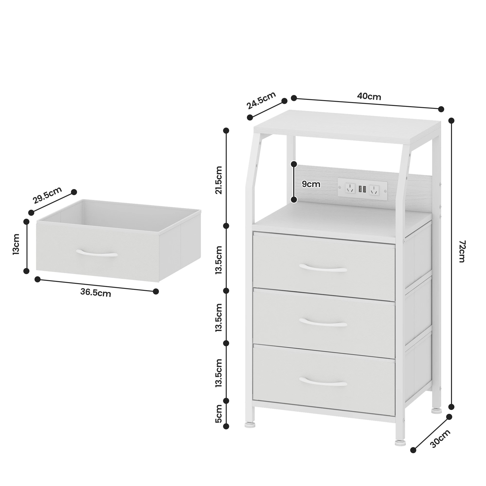 3 Advwin Set of 2 Bedside Table with Charging Station 3 Fabric Drawers Nightstand - White, 3 of 10