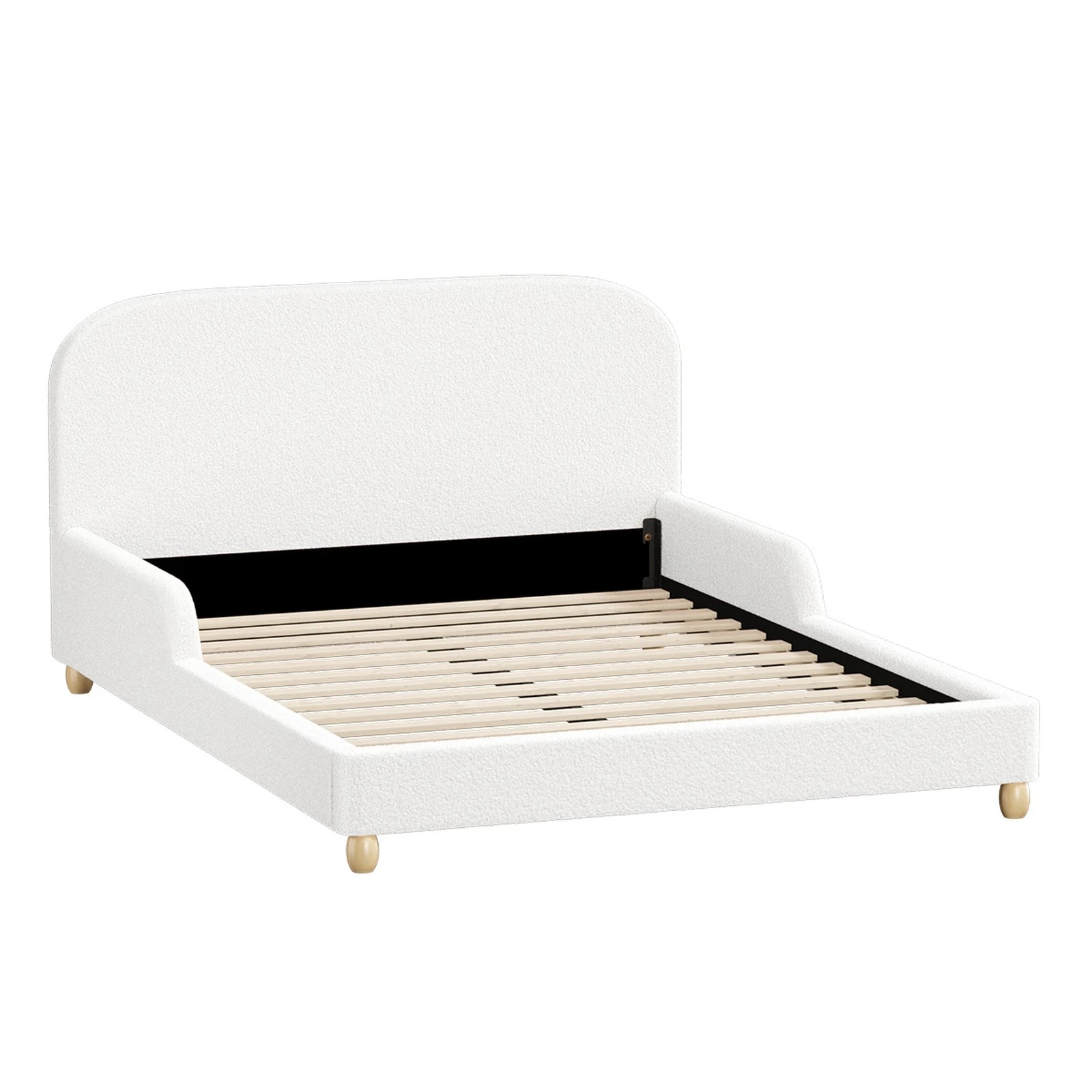 1 Oikiture Kids Bed Frame Double Size With Side Guard Rails Boucle - White, 1 of 10