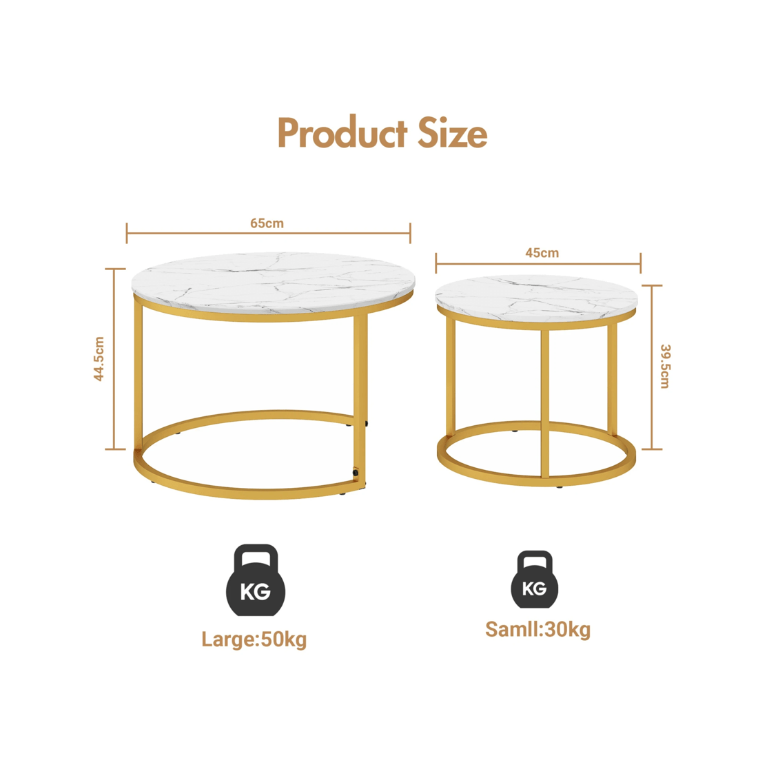 2 Advwin Nesting Coffee Table Marble Finish 65 & 45cm Gold Frame Round White, 2 of 8
