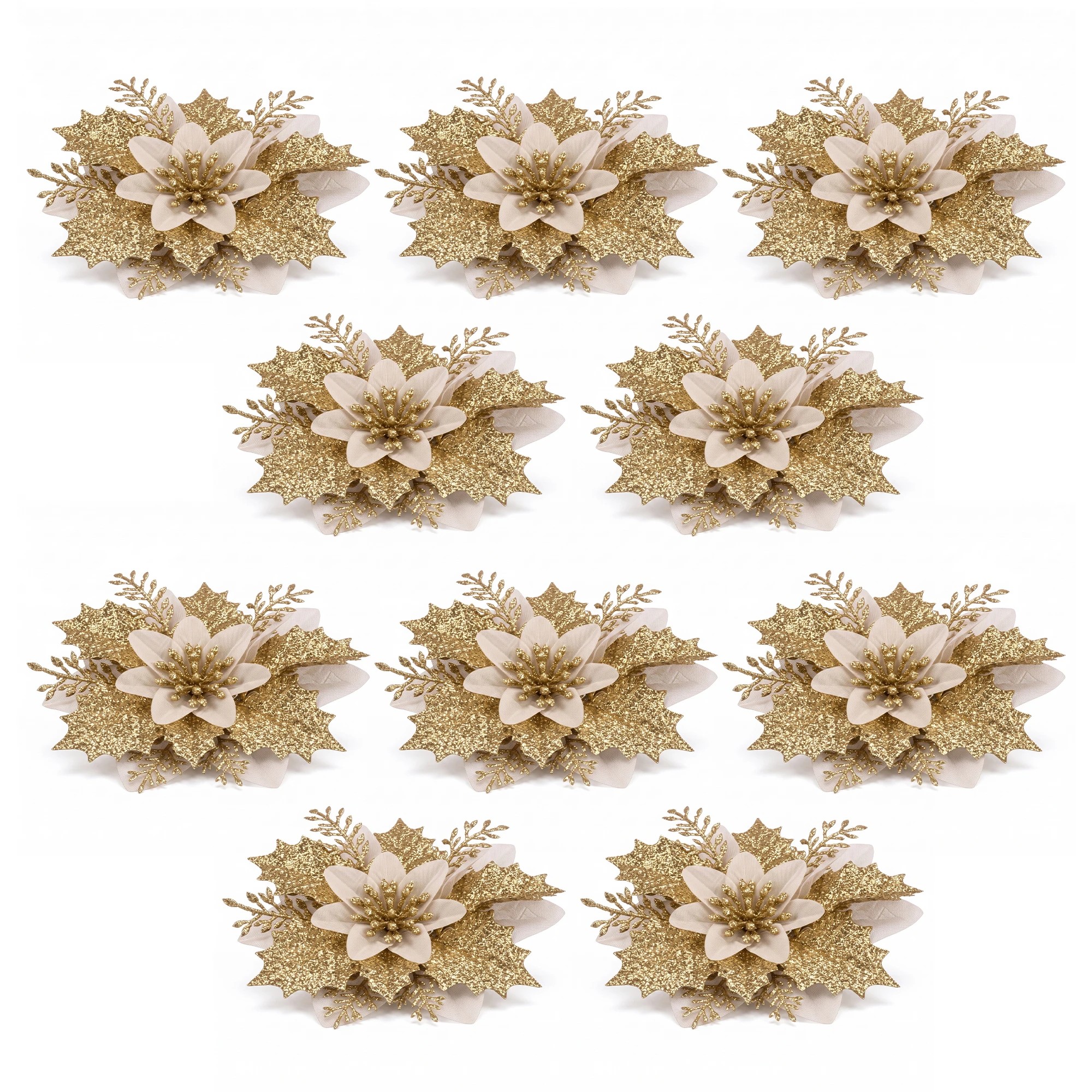 4 Jingle Jollys 10Pcs Christmas Tree Flower Set Xmas Garland Wreath Poinsettia Decorations - Gold, 4 of 9