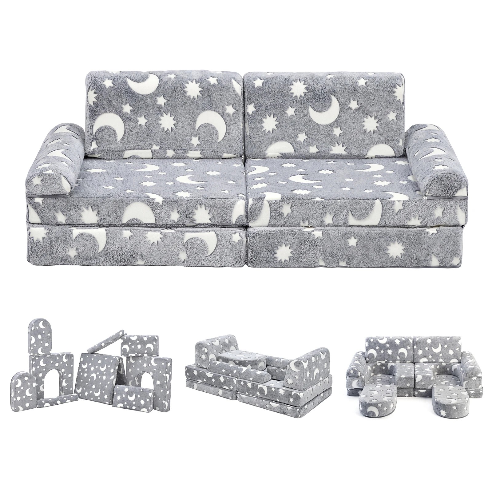 10 ADVWIN 10pcs Kids Modular Sofa Convertible Play Couch Children Sectional Sofa Floor Cushion - Grey, 10 of 10