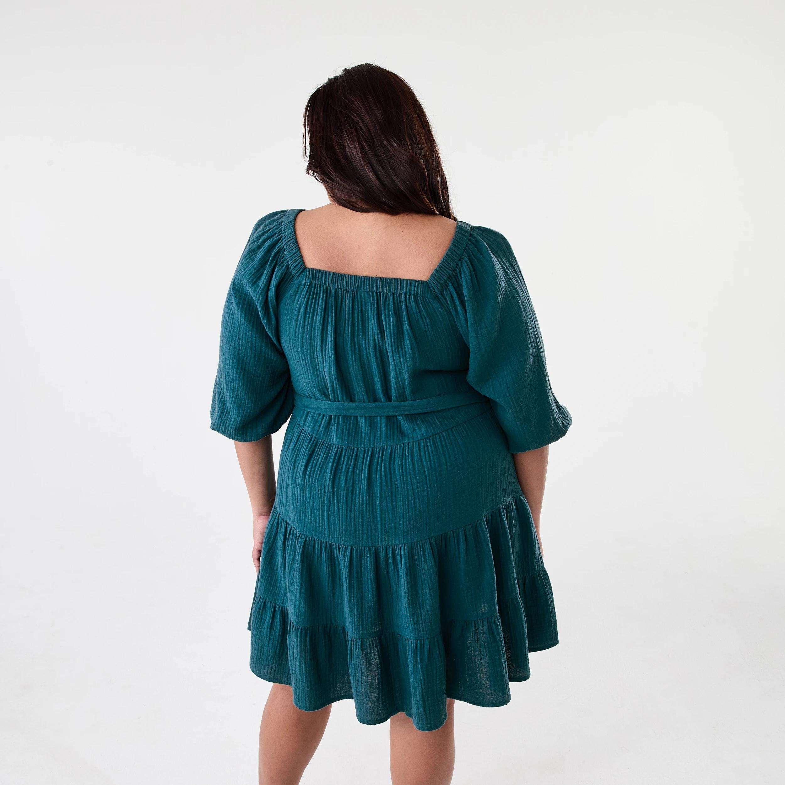3 Curve Short Sleeve Tiered Double Cloth Midi Dress Teal Coral, 3 of 8