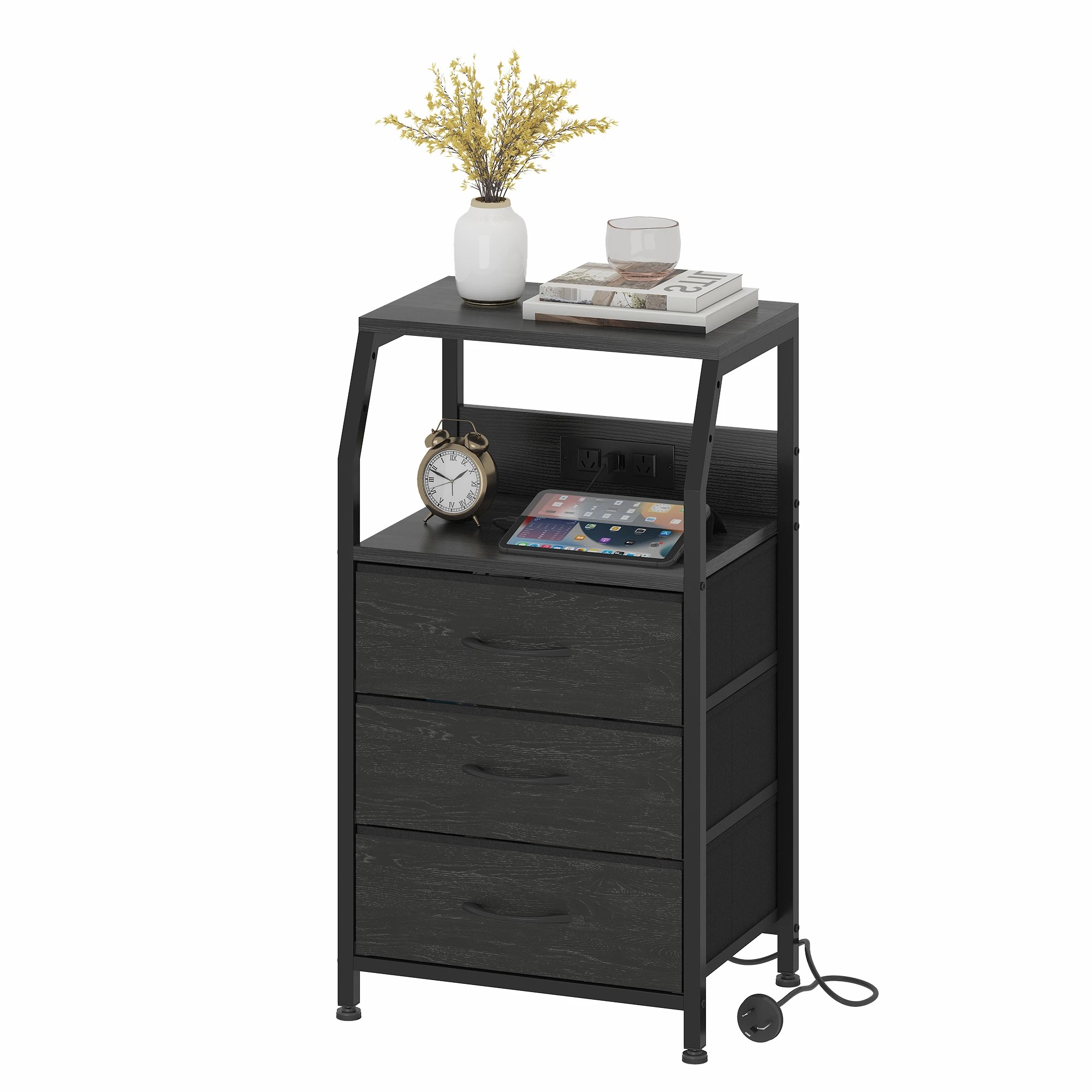 1 Advwin Bedside Table with Charging Station 3 Fabric Drawers Nightstand - Black, 1 of 10