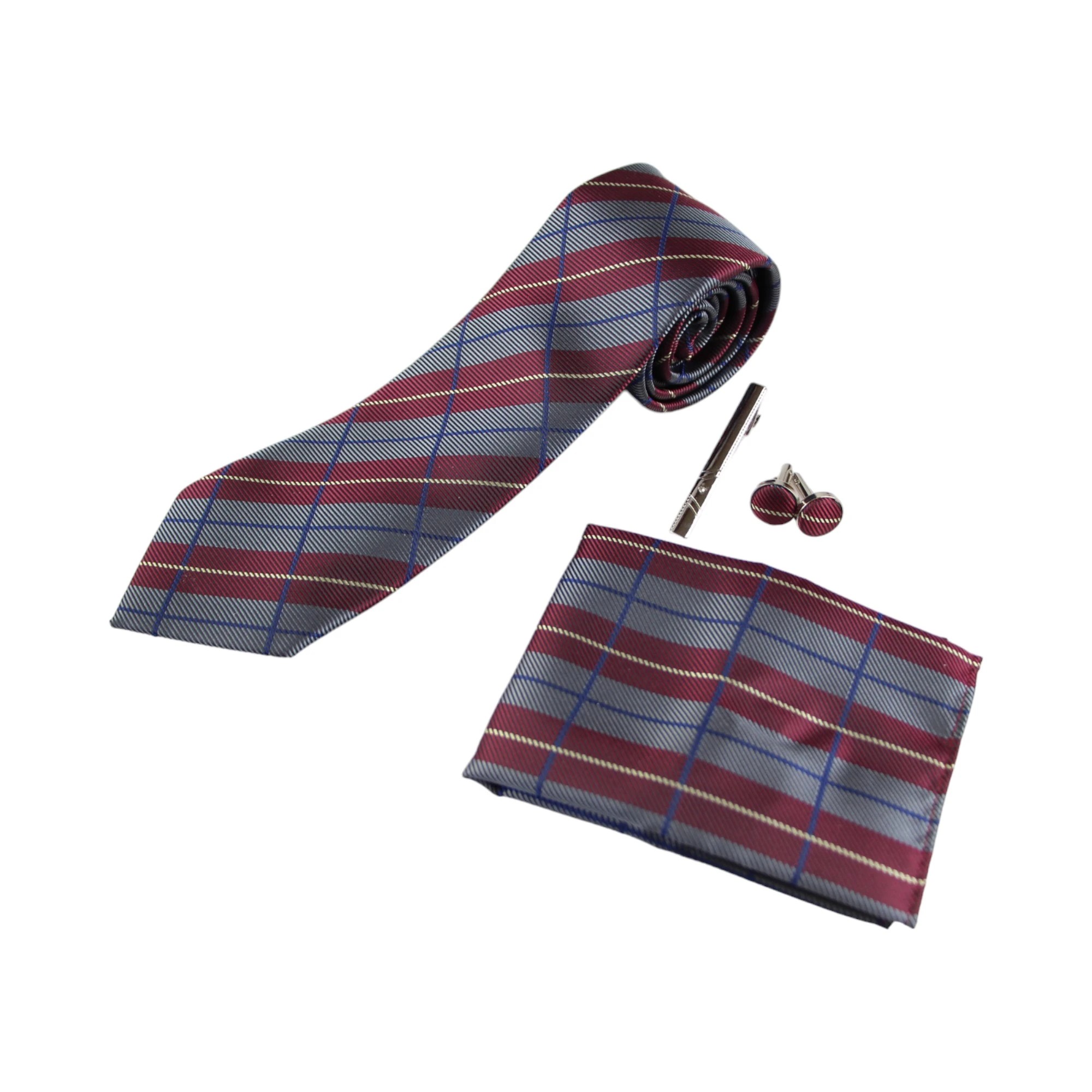 2 Zasel Mens Grey, Maroon & Navy Checkered Matching Neck Tie, Pocket Square, Cuff Links And Tie Clip Set - Multi, 2 of 3