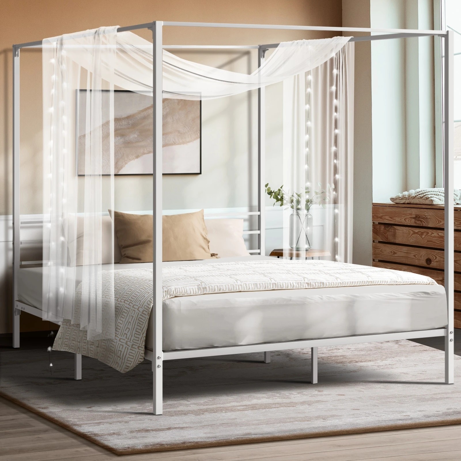2 Oikiture Metal Canopy Bed Frame Queen Size Beds Platform
 - White, 2 of 8