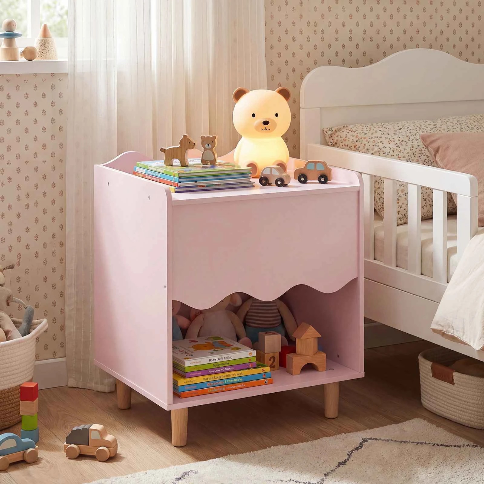 2 Costway Bedside Table Wide Top Nightstand Cabinet End Table Toy Organizer - Pink, 2 of 2