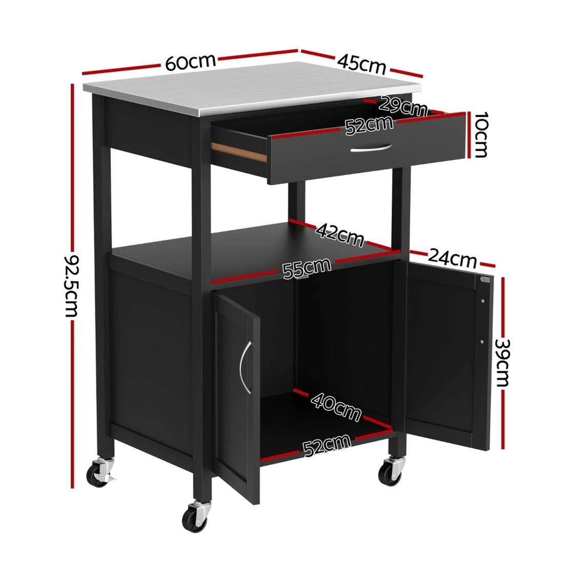 1 Artiss Kitchen Island Trolley Rolling Serving Cart Storage Drawer Cupboard 60cm - Black, 1 of 5