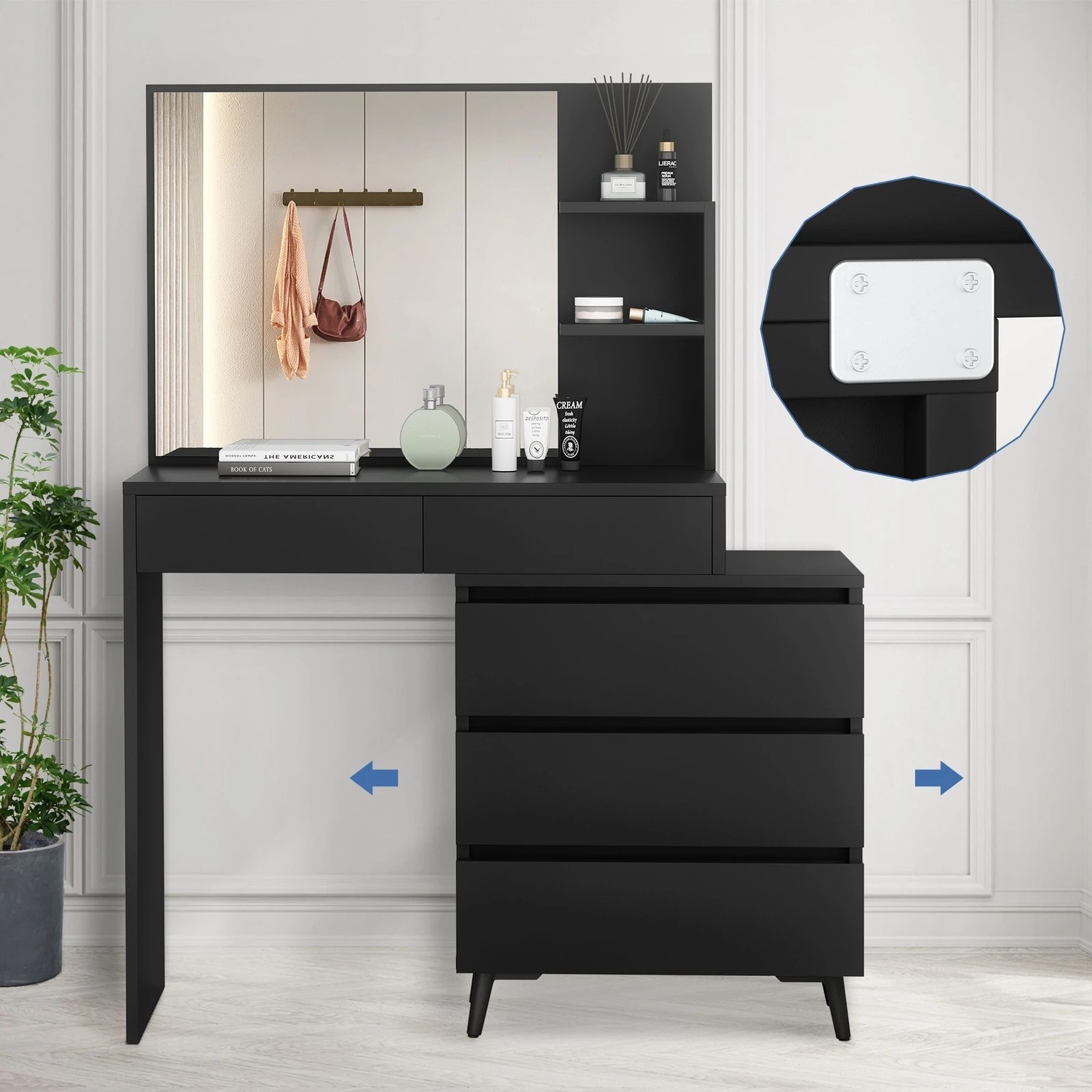 5 Alfordson Dressing Table Stool Set Makeup Mirror Desk Storage Drawers - Black, 5 of 10