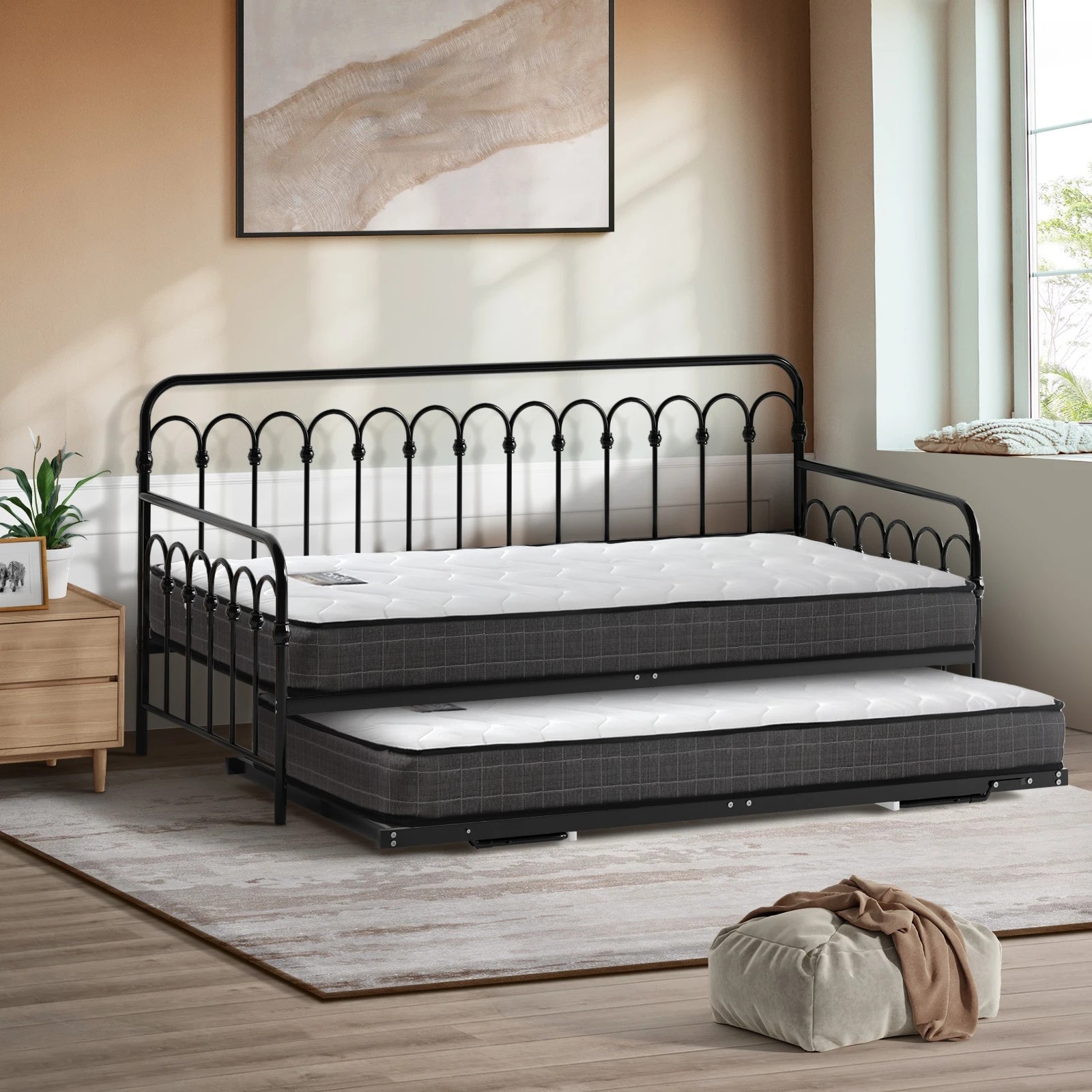 3 Oikiture Trundle Bed Frame Daybed Single Size Metal Base with Mattress x2 - Black, 3 of 10