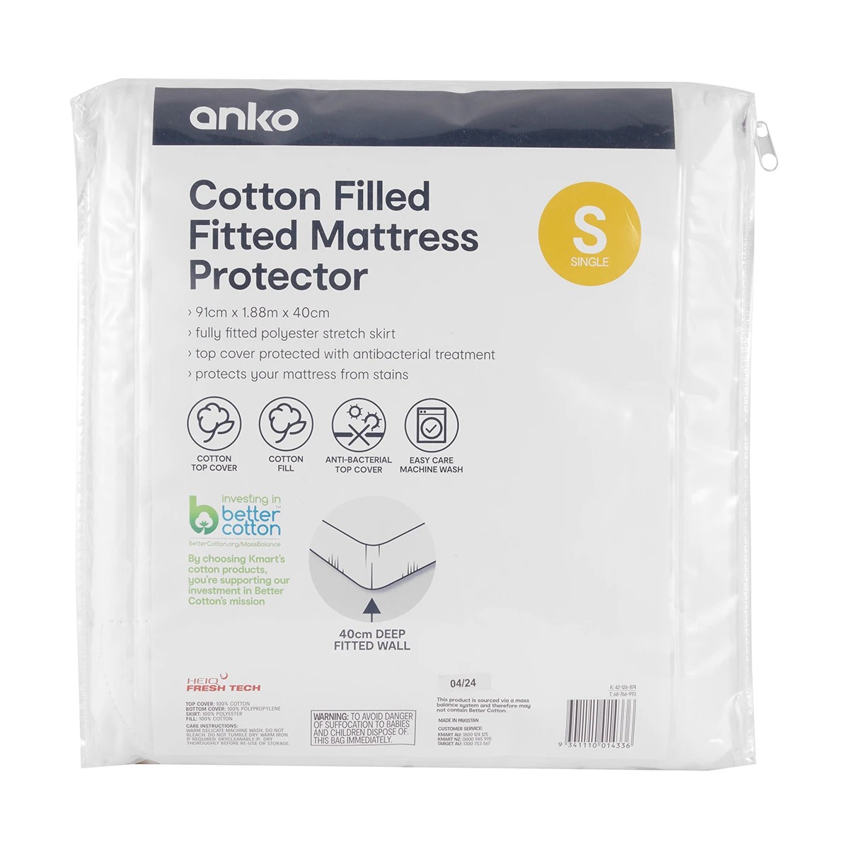 1 Cotton Filled Fitted Mattress Protector - Single Bed, White, 1 of 4