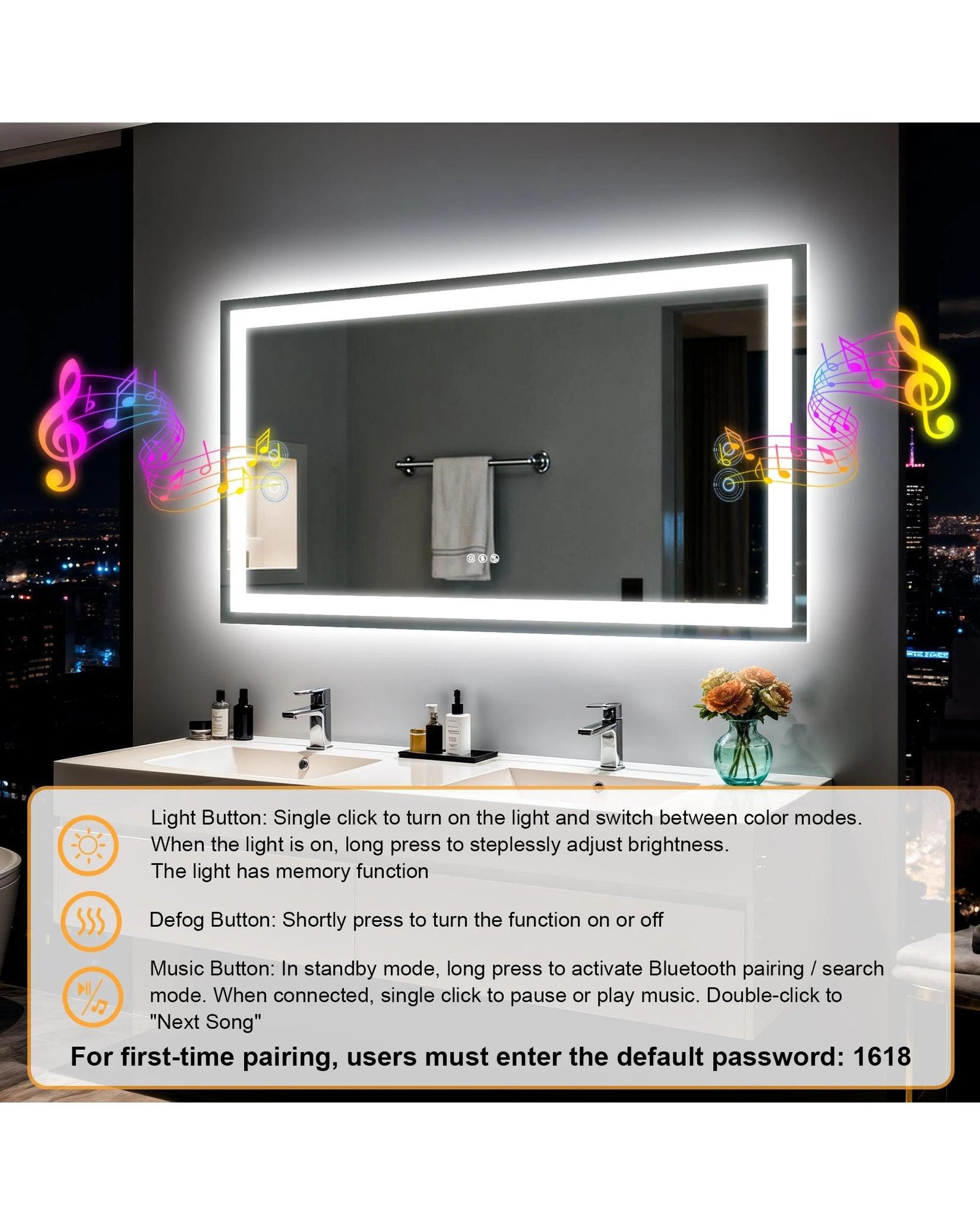 3 OAKORY 120x70cm Rectangular LED Bathroom Mirror with Bluetooth Speaker Dimmable Light Anti-Fog Touch Control, 3 of 4