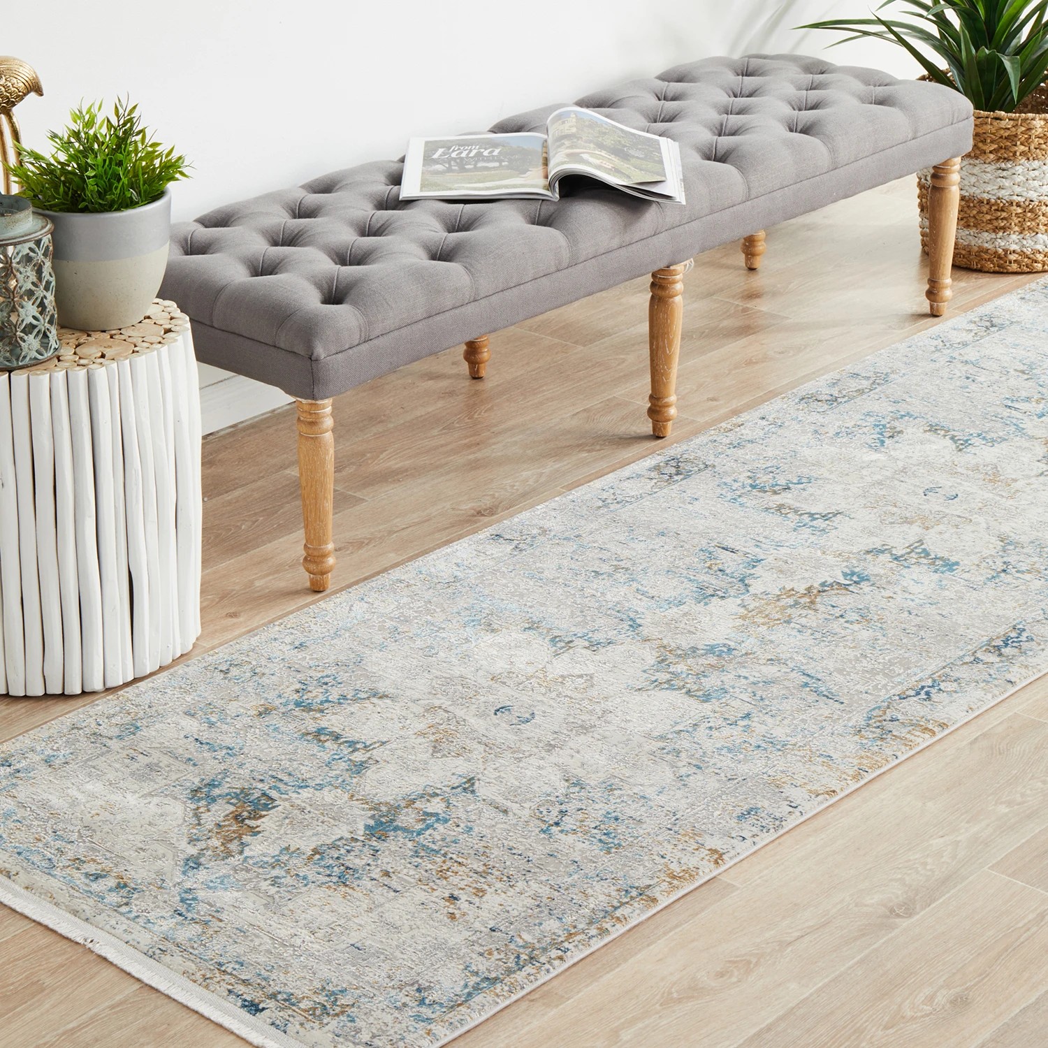 2 Common Ground Rugs Glimmers 104 400x80cm Runner - Large Bamboo Silk Power Loomed Rug - Blue, 2 of 9