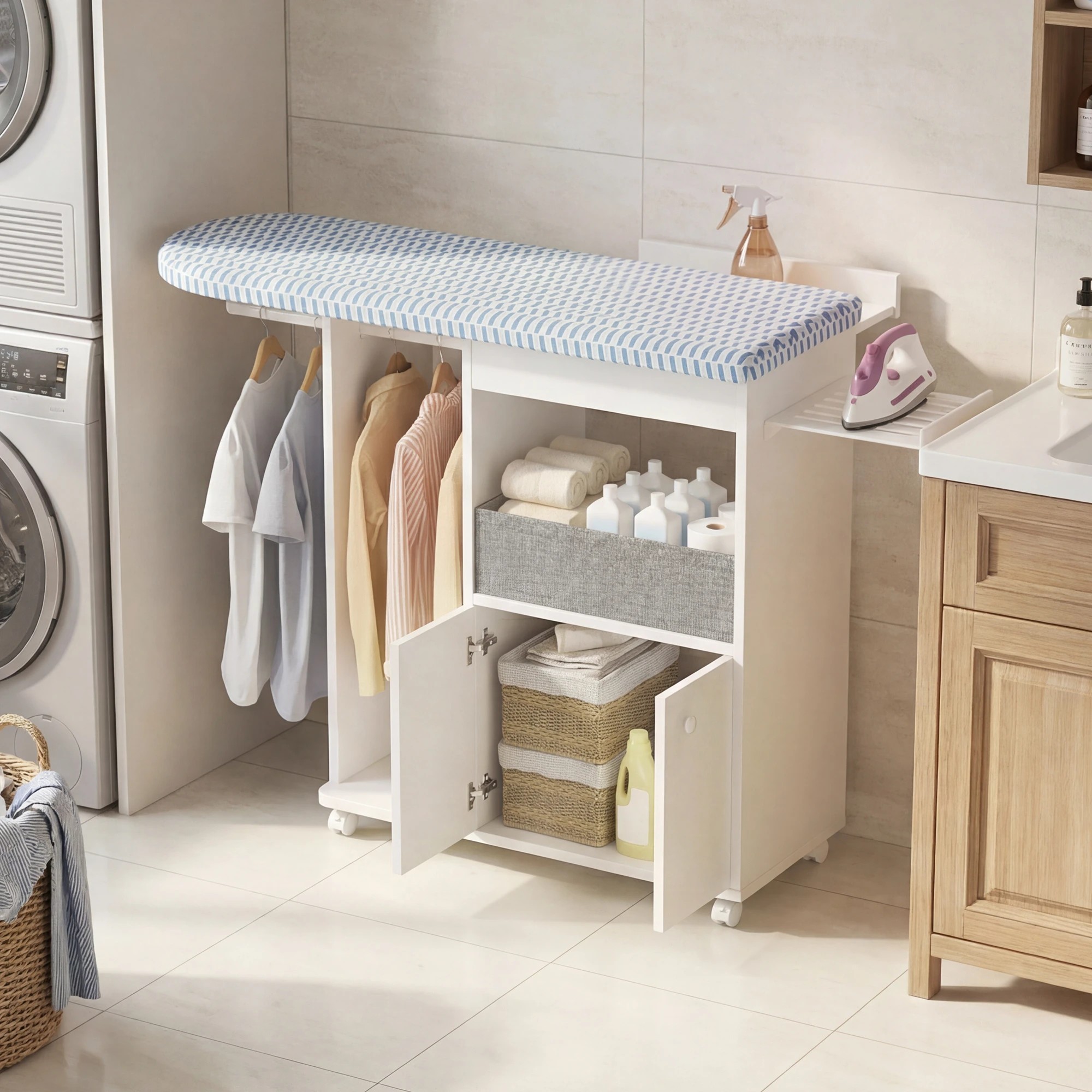8 Advwin Ironing Board on Wheels with Storage Cabinet Iron Rack Hanger Rod Fabric Drawer - White, 8 of 10