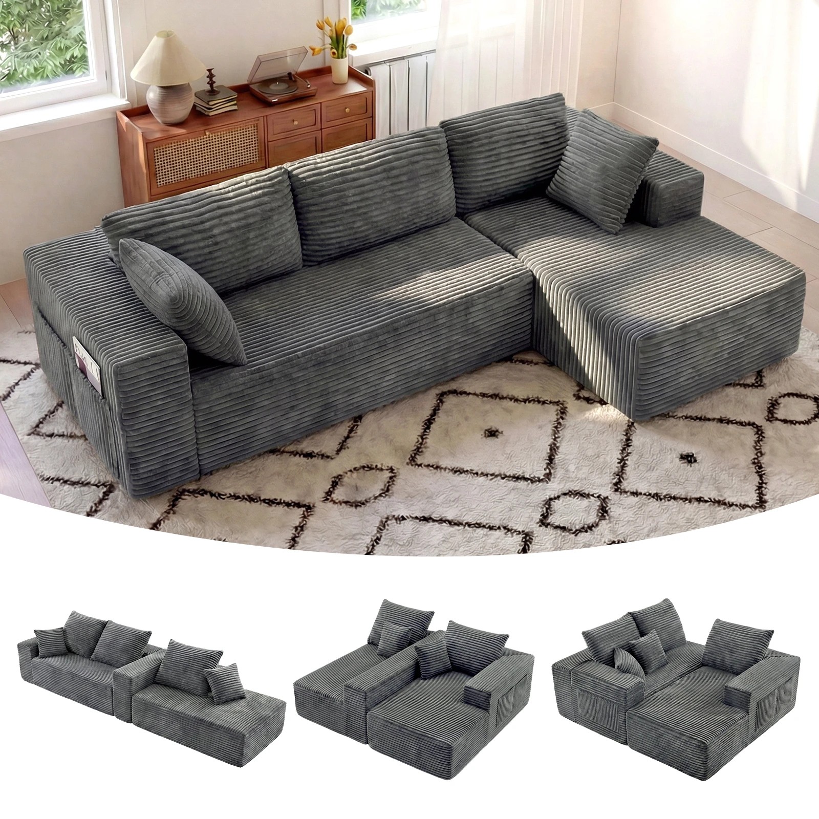 4 Advwin 277cm L Shape Convertible Modular Sectional Couch - Grey, 4 of 8