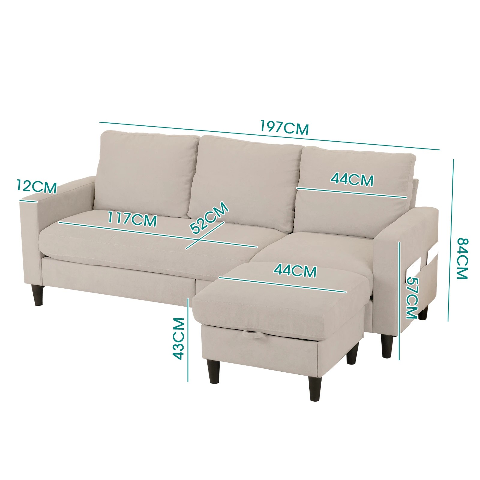 10 Advwin 3 Seater Sofa Modular Lounge Chaise Set Corner Couch W/ Storage Ottoman Beige, 10 of 10