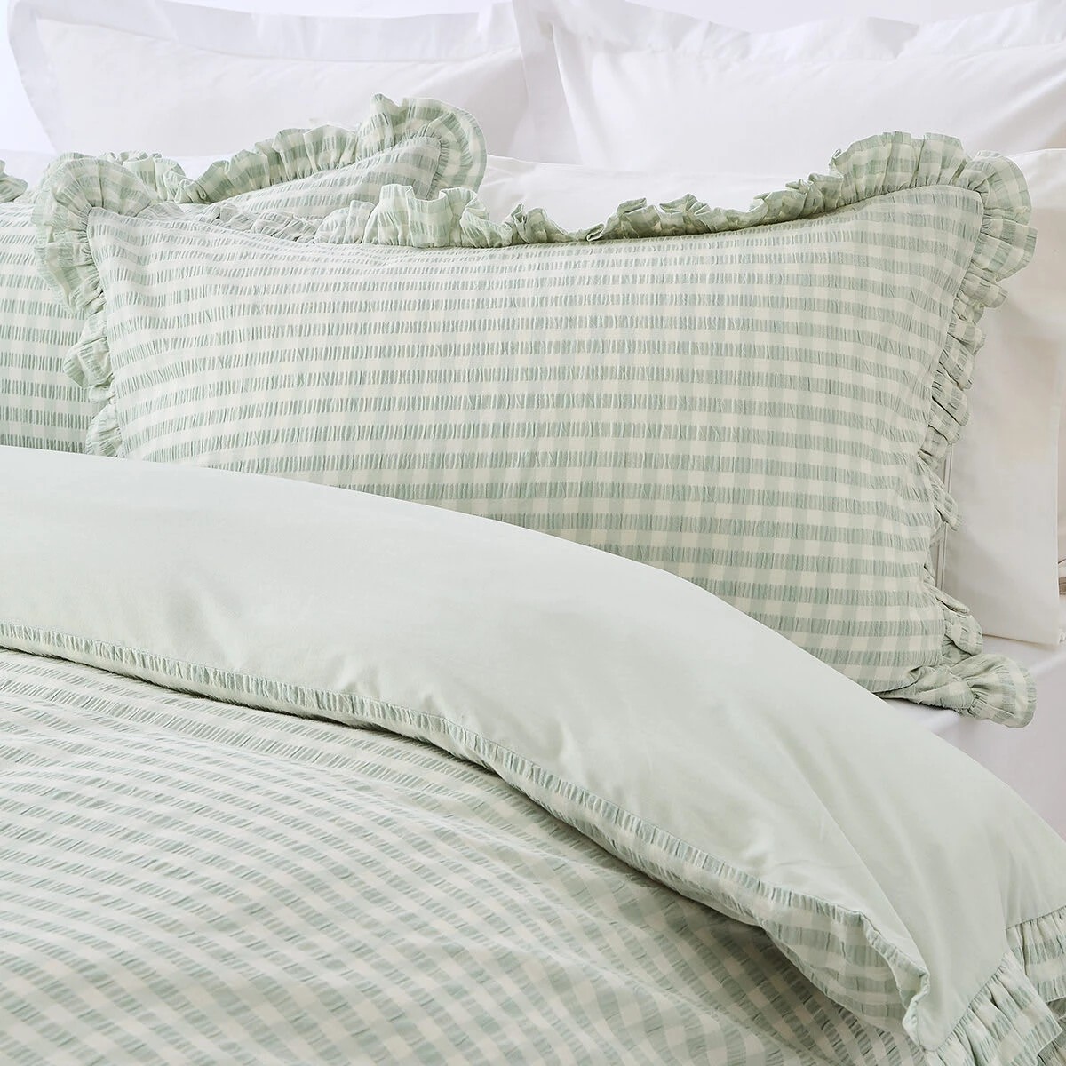 2 Gingham Ruffle Cotton Quilt Cover Set - Double Bed, Sage, 2 of 6