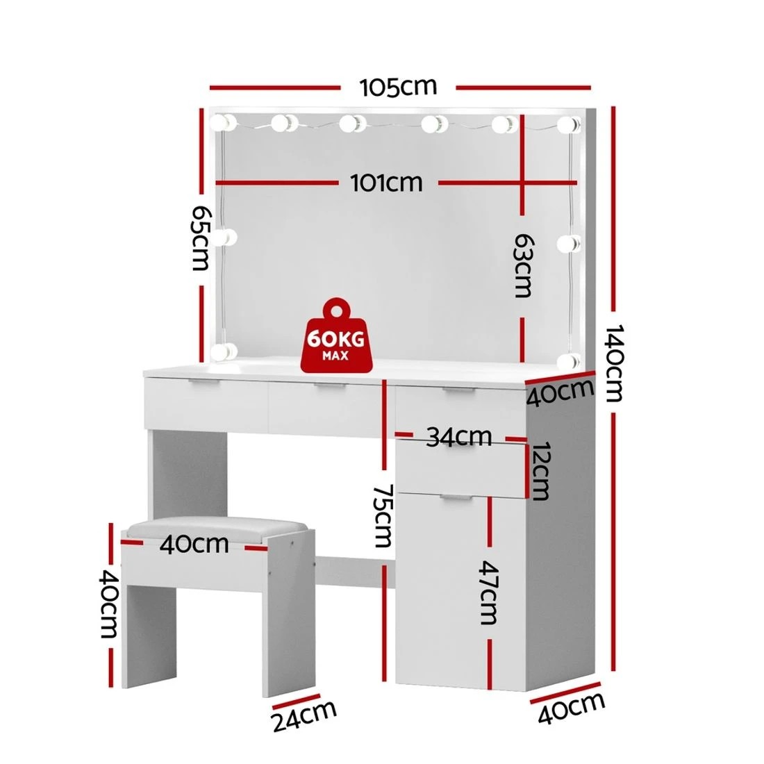 4 Artiss Dressing Table Set Stool 10 Led Bulbs - White, 4 of 8
