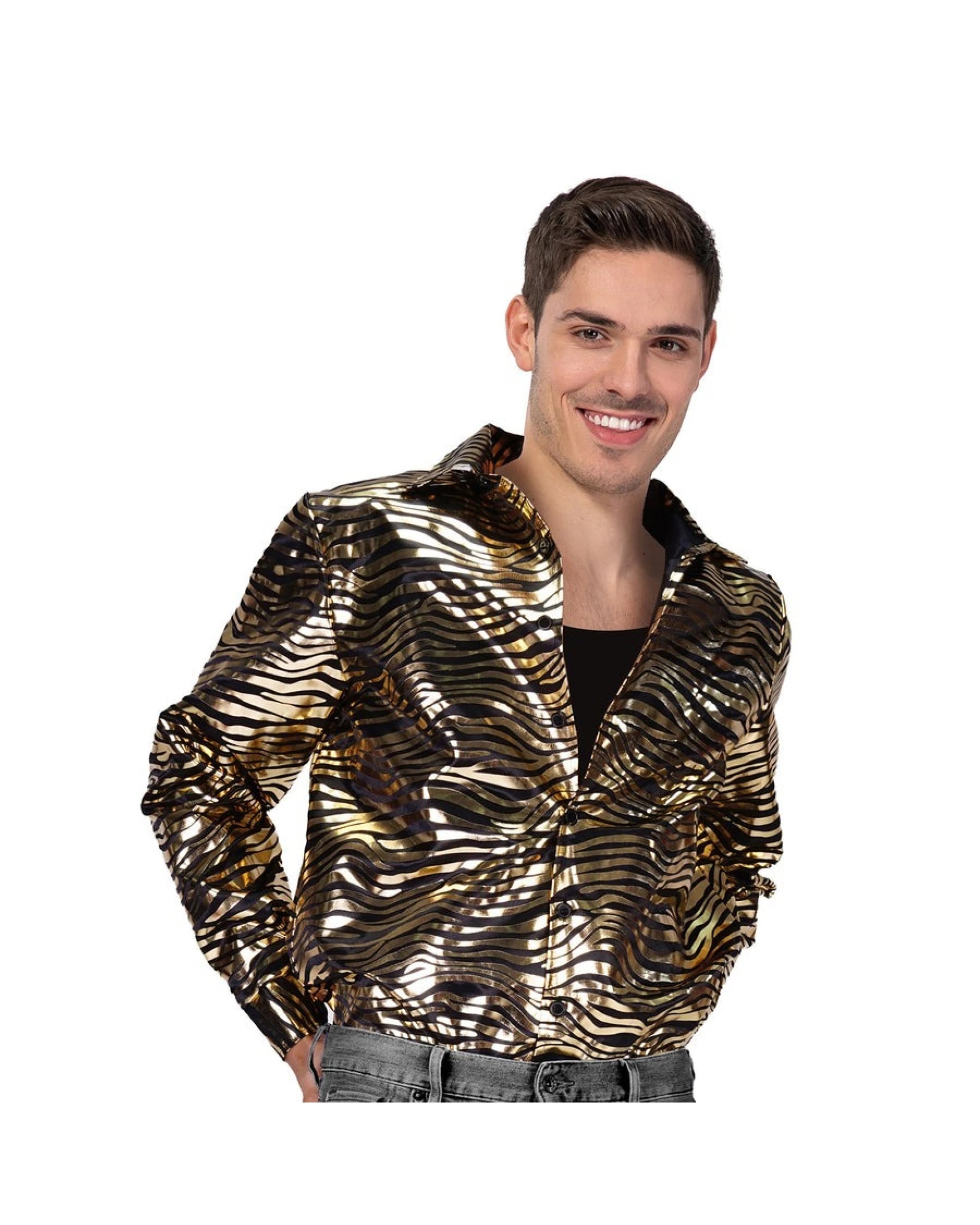 1 BR Costumes Men's Disco Tiger Print Shirt Costume, 1 of 3