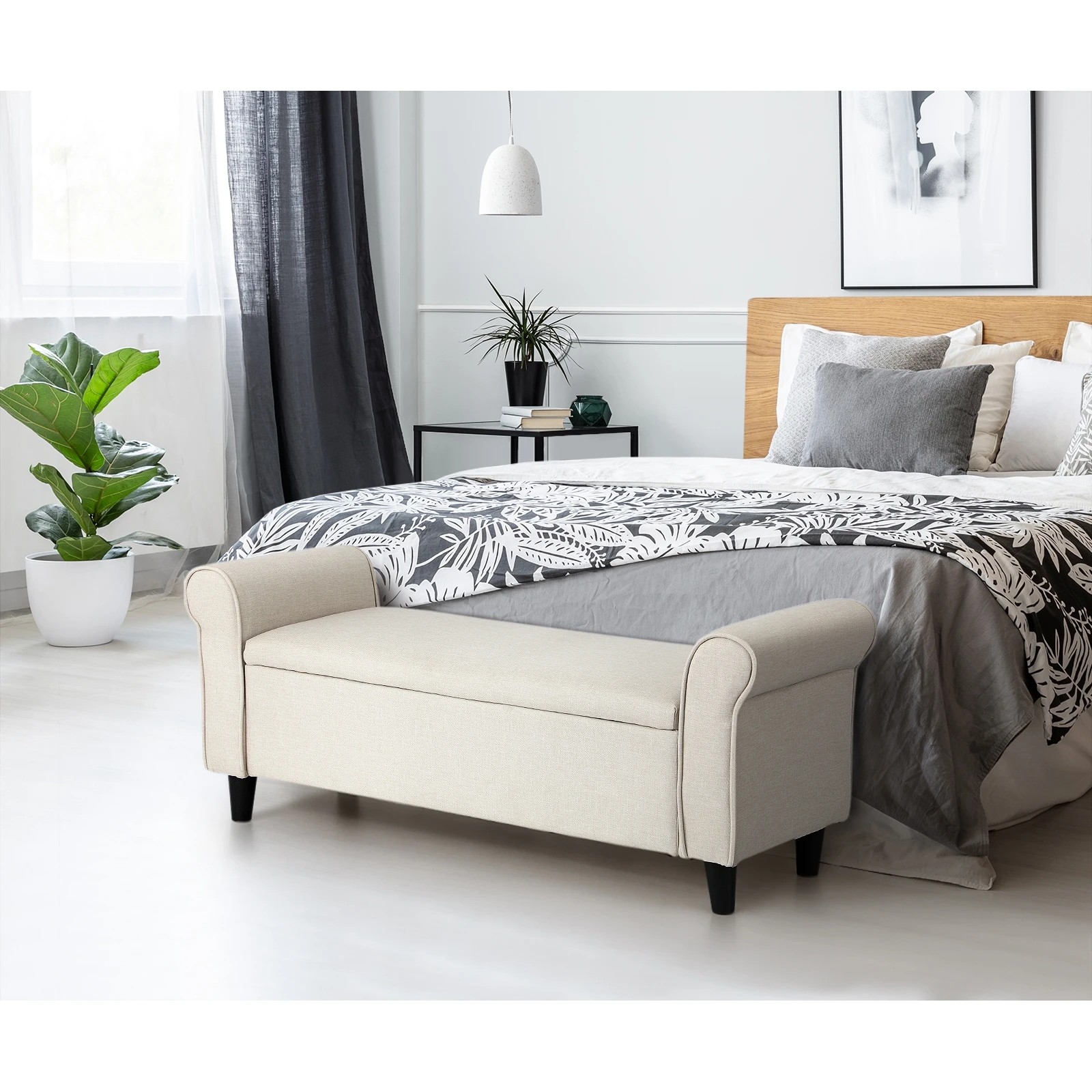 7 Oikiture Storage Ottoman Blanket Box Linen Fabric Arm Foot Stool Couch
 - Beige, 7 of 10