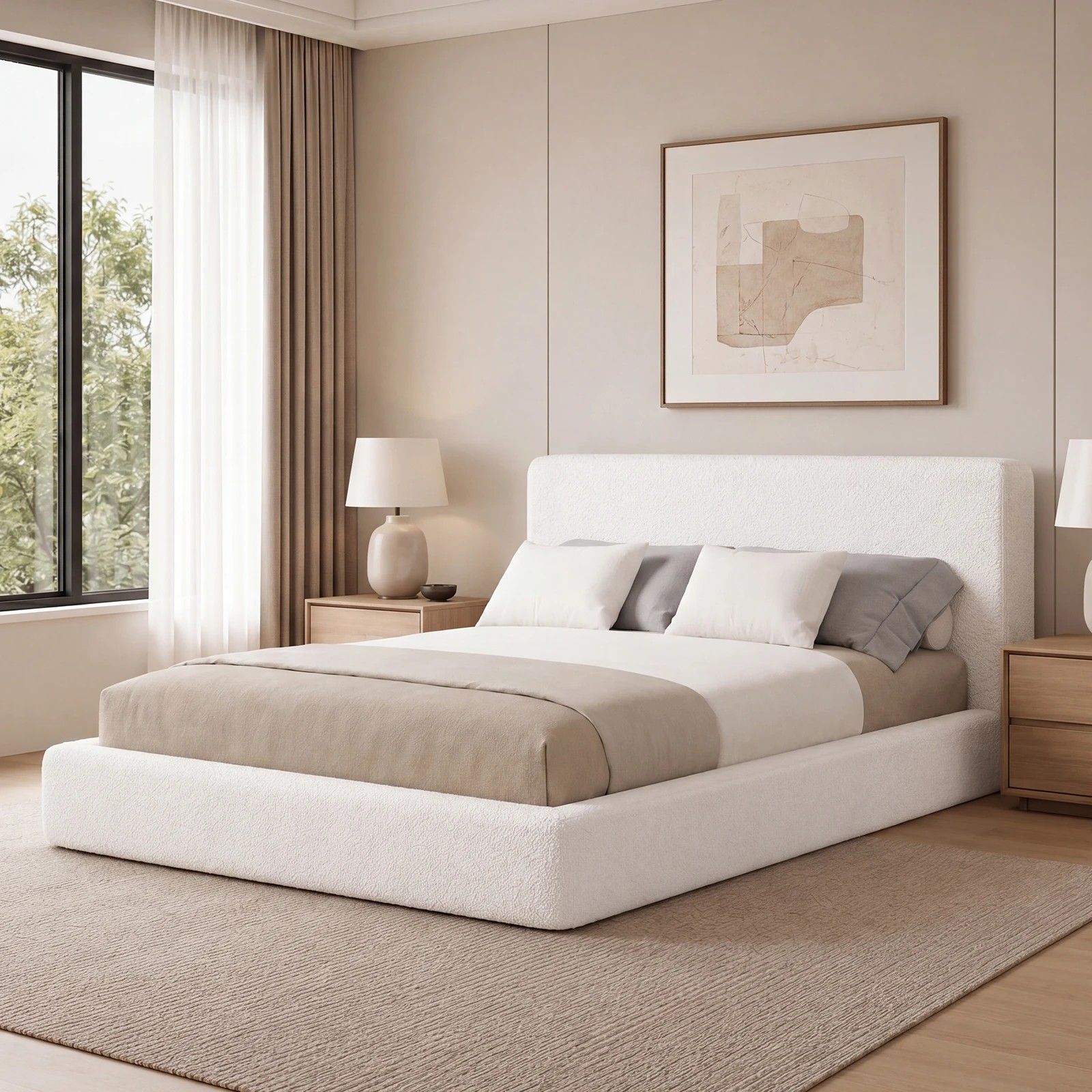 8 Advwin Queen Bed Frame with Boucle Fabric Headboard 8CM Foam Cushioned - White, 8 of 9