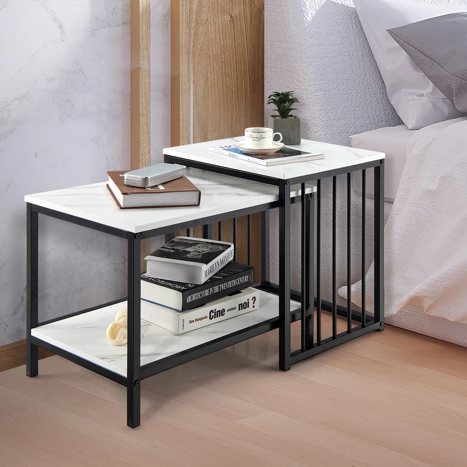 5 Costway Set of 2 Nesting Coffee Tables Rectangle Sofa Side Table w/Storage Shelf, 5 of 6