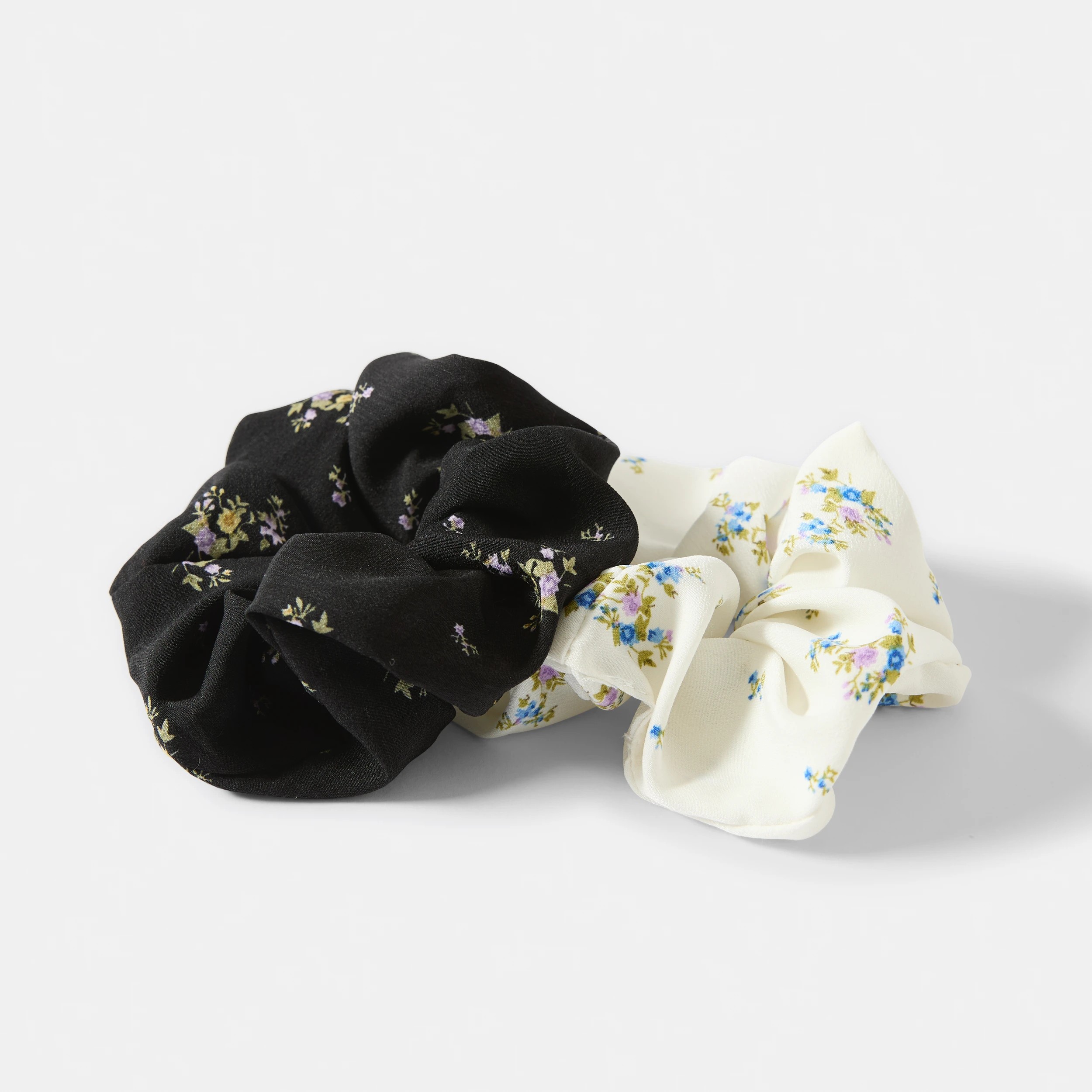 2 2 Pack Mini Flower Print Hair Scrunchies - Black and White, 2 of 5