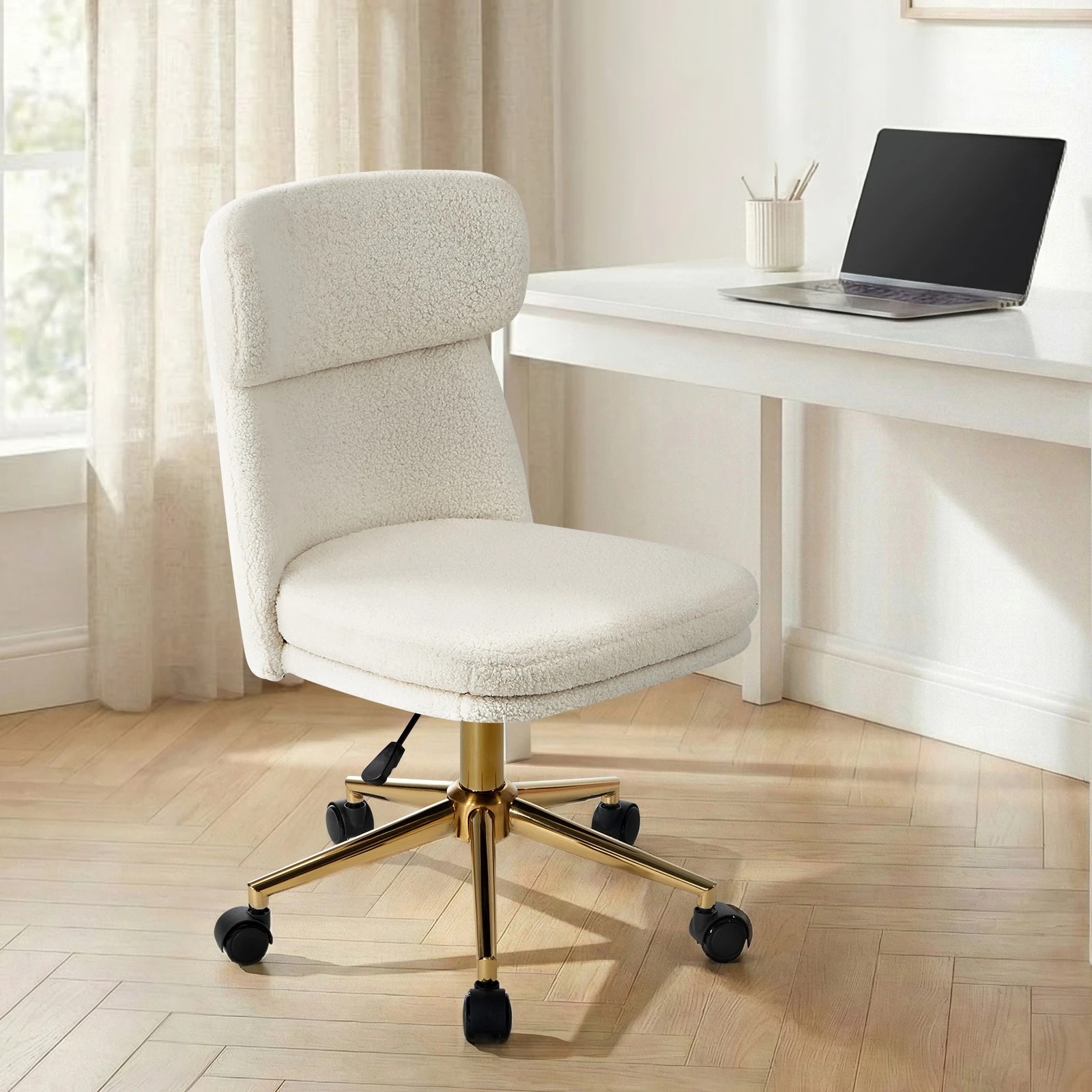 3 Oikiture Armless Office Chair Mid Back Computer Desk Chair Wheels Fabric - White, 3 of 7