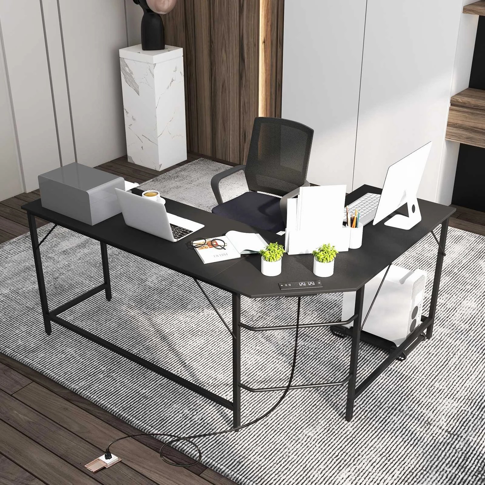 3 Costway L-shaped Computer Desk Corner Desk Home Office Workstation w/Charging Station, 3 of 3