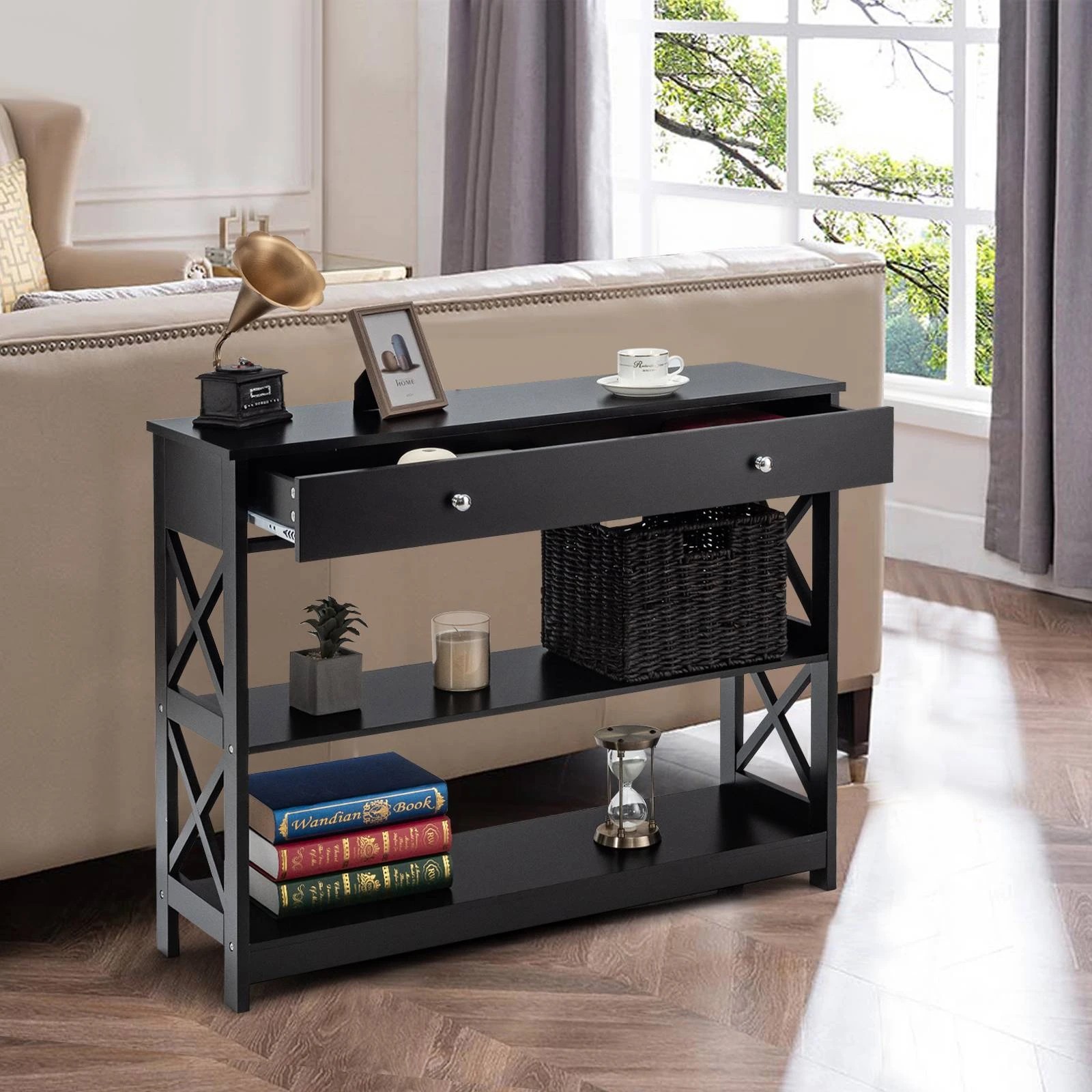 4 Costway 3-Tier Console Table w/Drawer Display Table - Black, 4 of 6