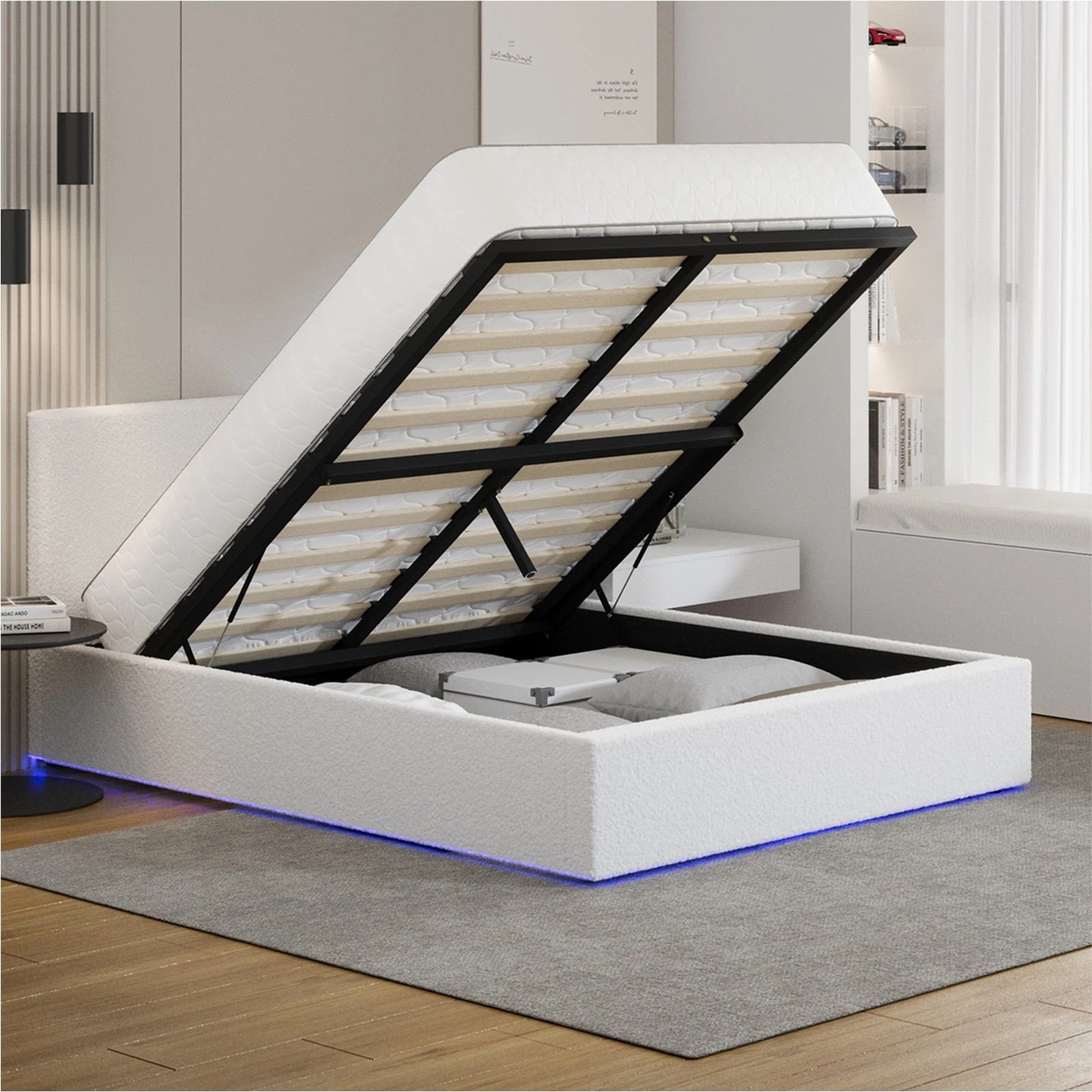 4 Oikiture Bed Frame Queen Size Gas Lift Storage Base LED Beds Boucle - White, 4 of 7