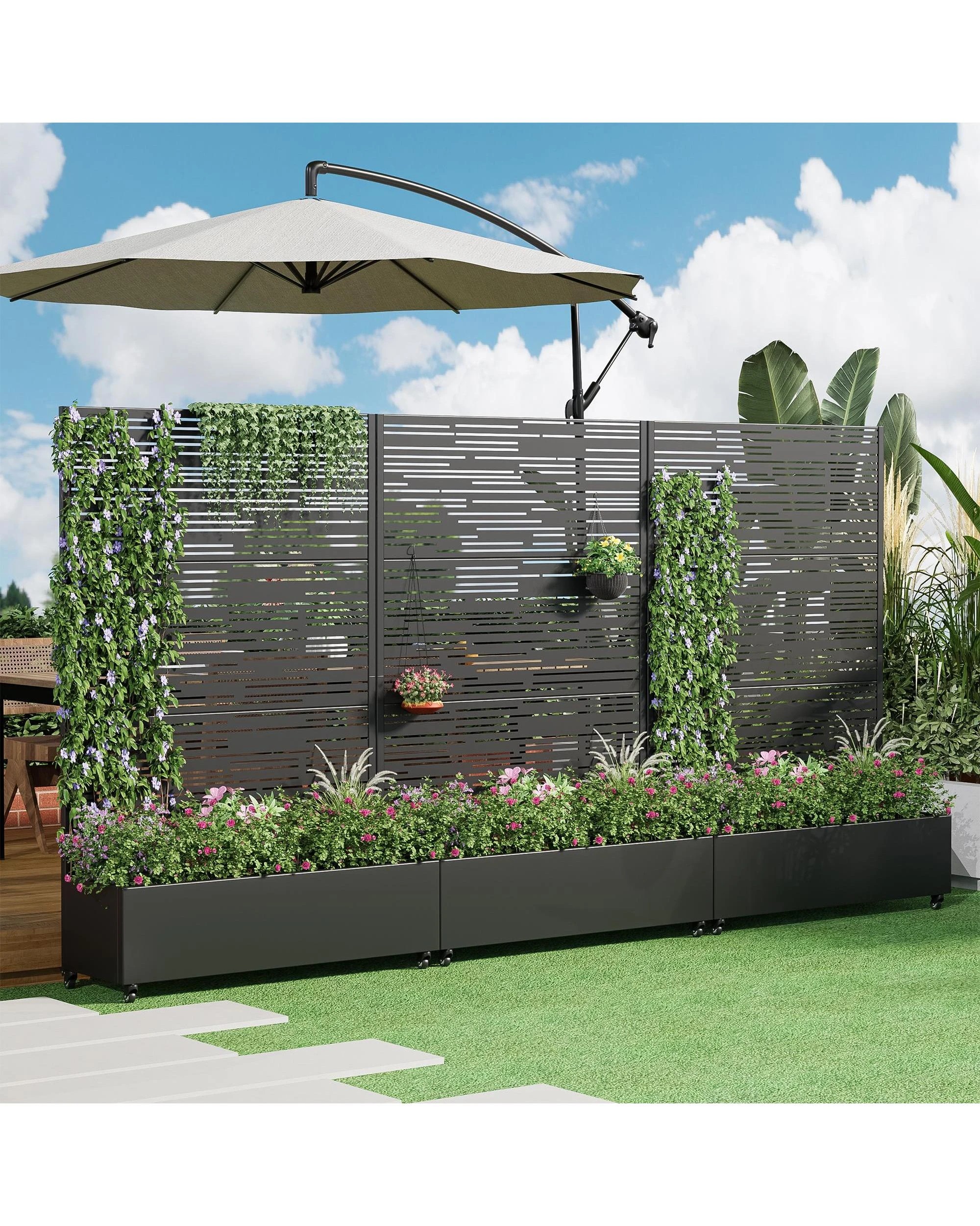 OAKORY 180cm Metal Planter Box with Privacy Screen and Lockable Wheels ...