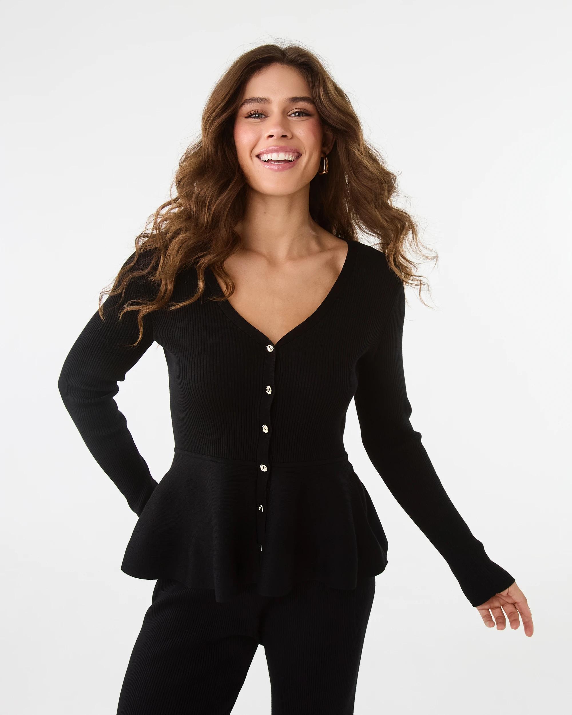 1 Long Sleeve Fitted Peplum Top Black, 1 of 10