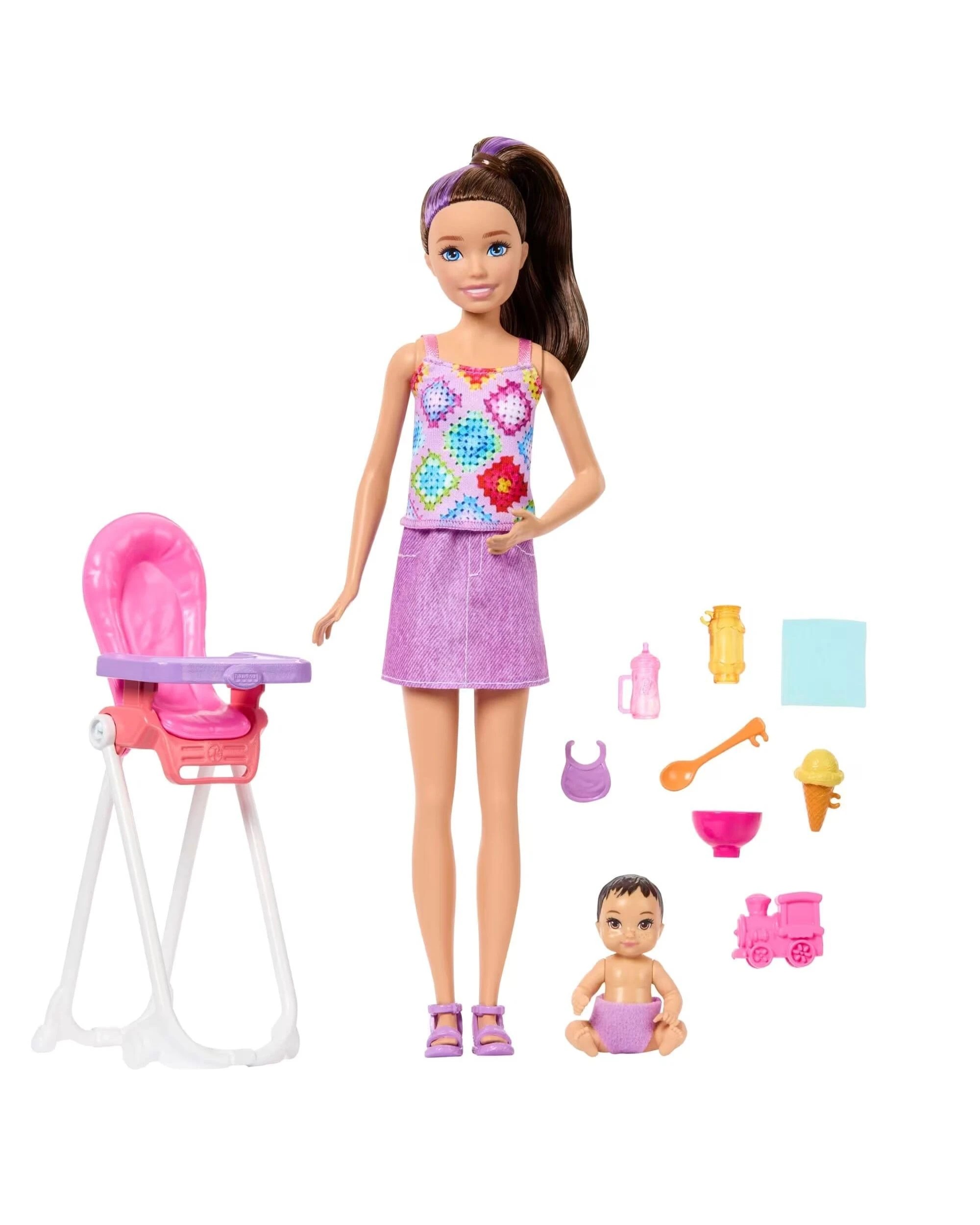 2 Barbie Family and Friends Skipper Babysitters Inc Brown/Purple Hair Doll and Baby Feeding Playset, 2 of 4
