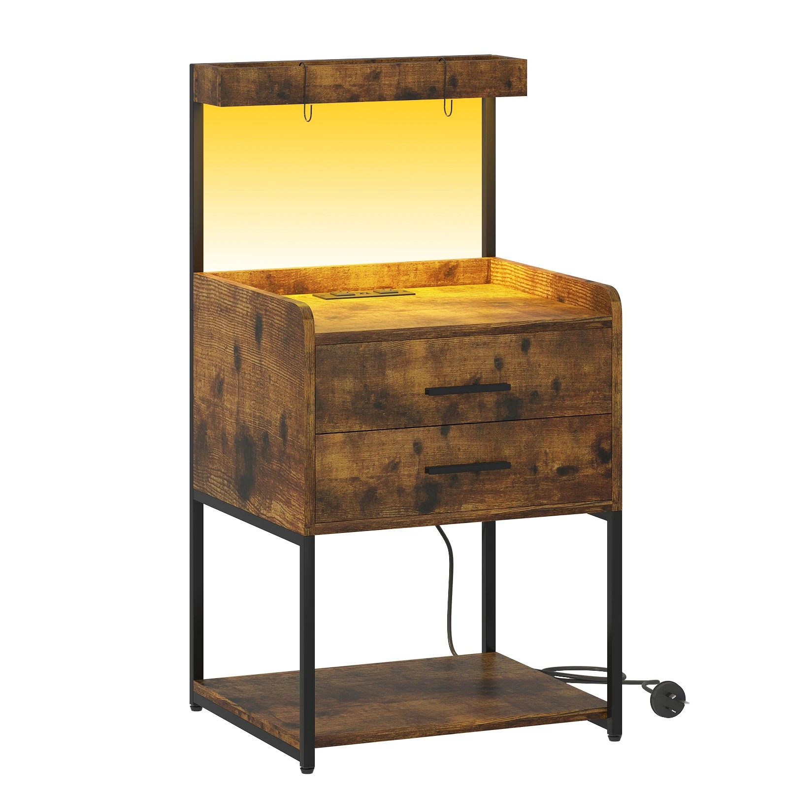 1 Advwin Bedside Table with Charging Station LED Lights 2 Drawers - Brown, 1 of 9