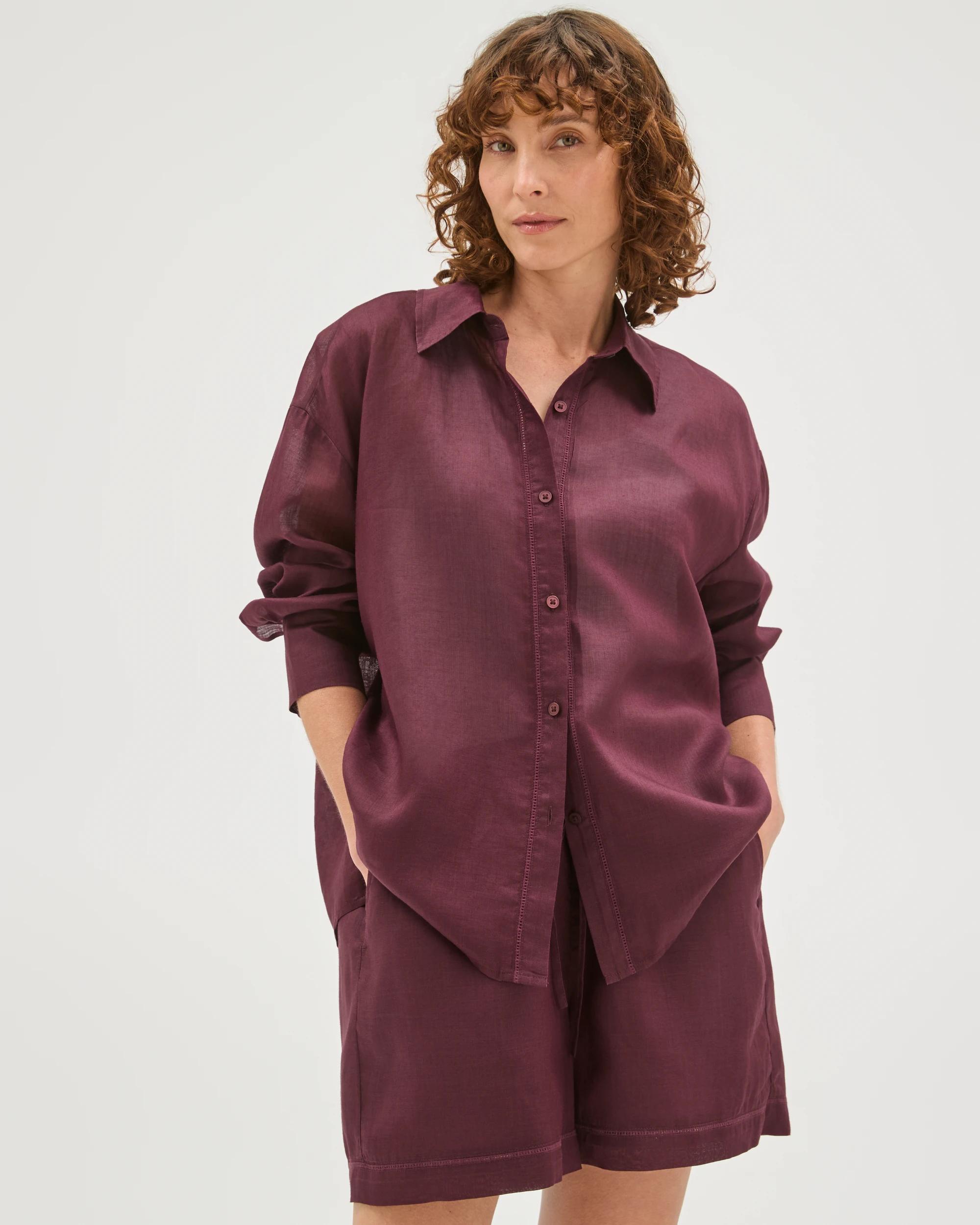 1 Target Woman Long Sleeve Trim Detail Shirt MERLOT, 1 of 6