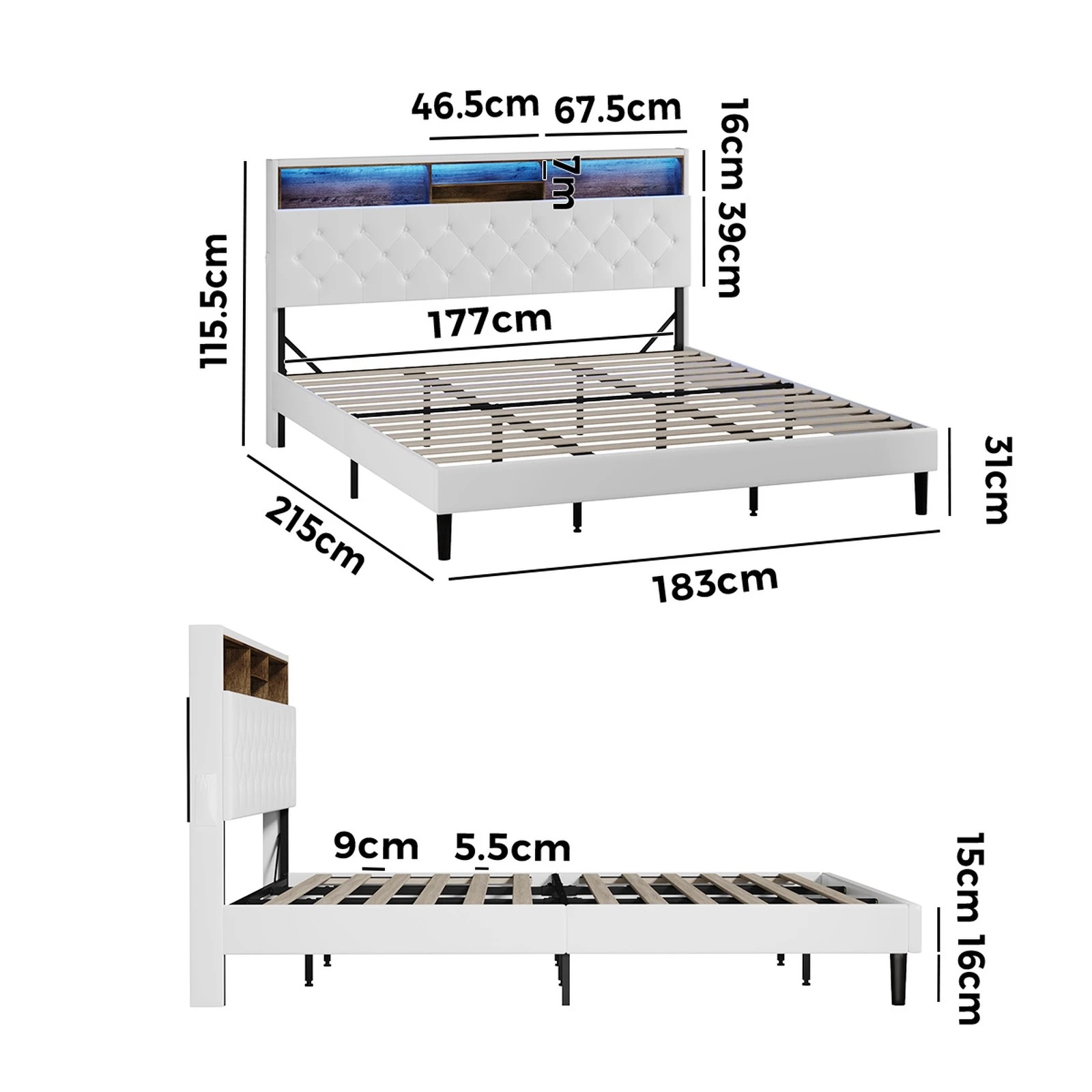 2 Oikiture Bed Frame King Size with LED Storage Bedhead - White, 2 of 9