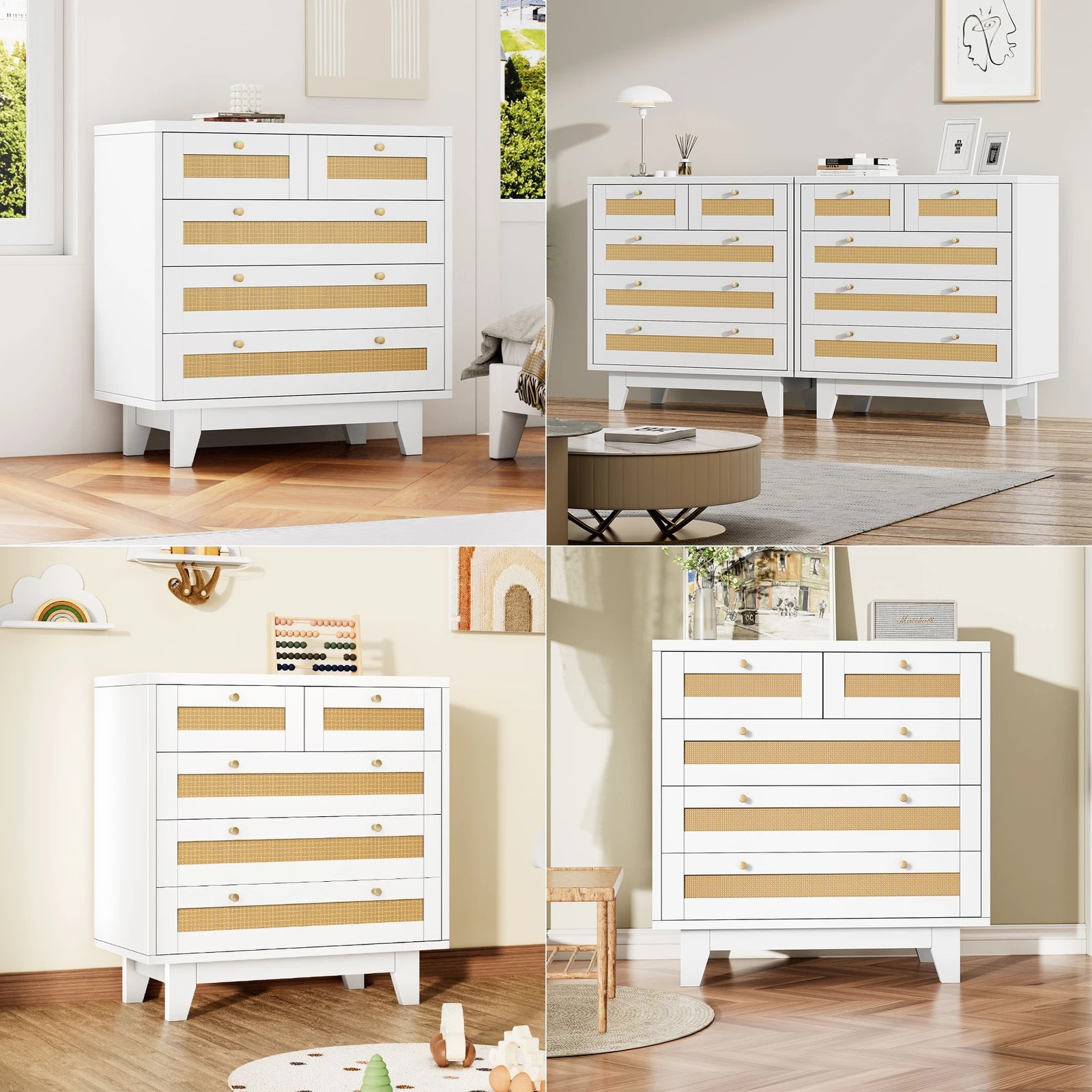 5 Alfordson 5 Chest of Drawers Rattan Storage Cabinet Dresser Tallboy - White, 5 of 10